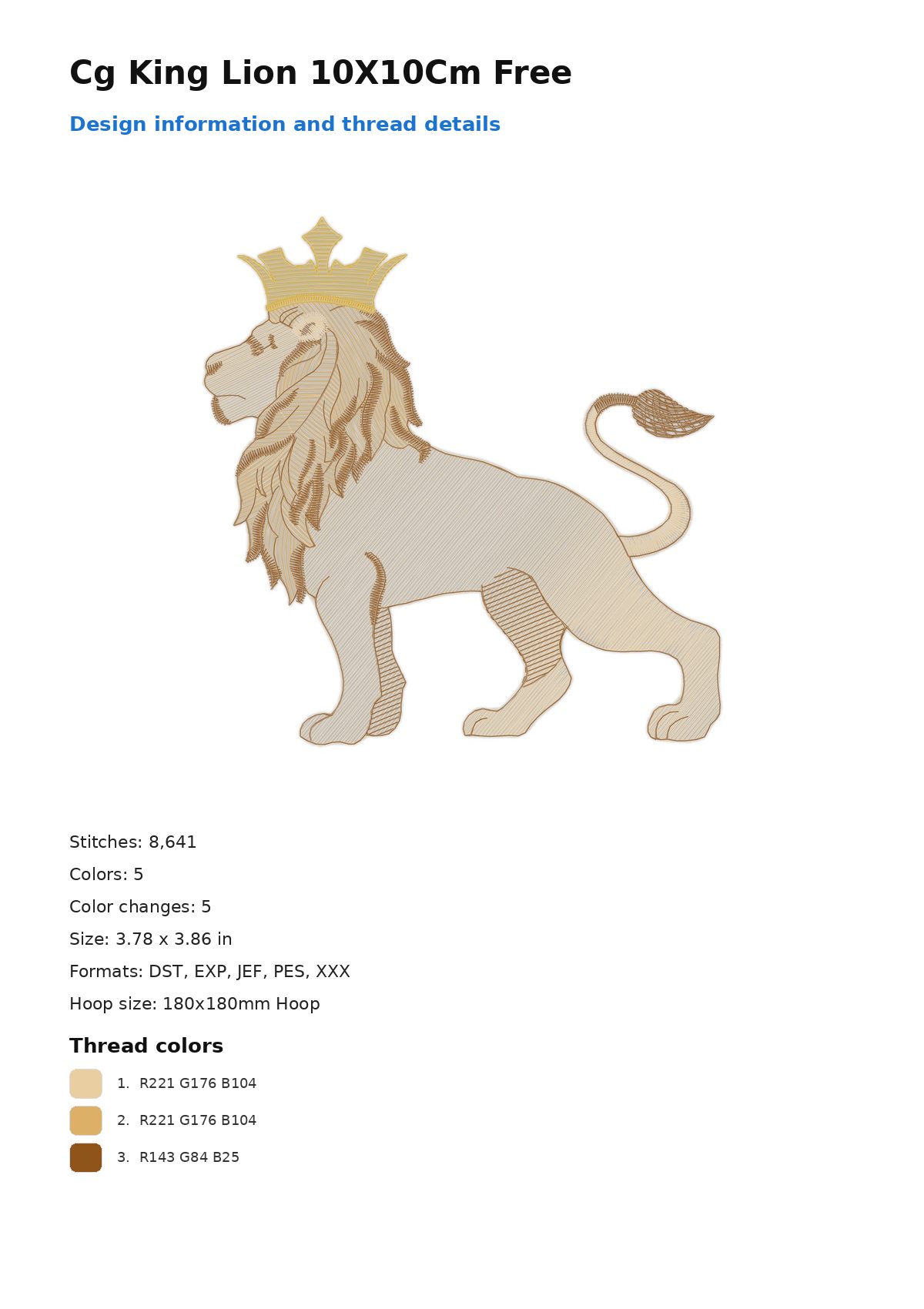 Cg King Lion 10X10Cm Free free machine embroidery design — 3.78×3.86 in — 8,641 stitches — 5 colors — DST, EXP, JEF, PES, XXX