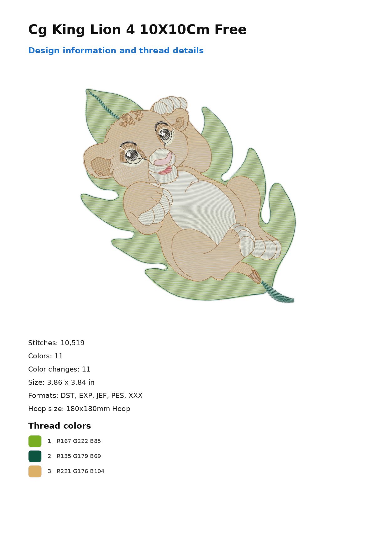 Cg King Lion 4 10X10Cm Free free machine embroidery design — 3.86×3.84 in — 10,519 stitches — 11 colors — DST, EXP, JEF, PES, XXX