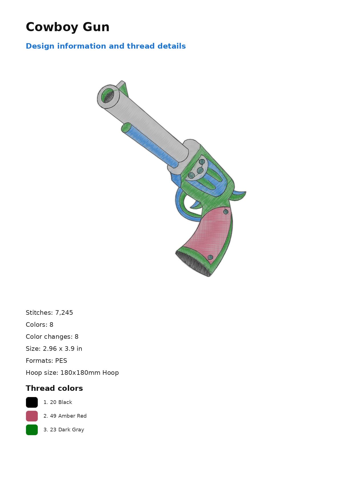 Cowboy Gun free machine embroidery design — 2.96×3.9 in — 7,245 stitches — 8 colors — DST, EXP, JEF, PEC, PES