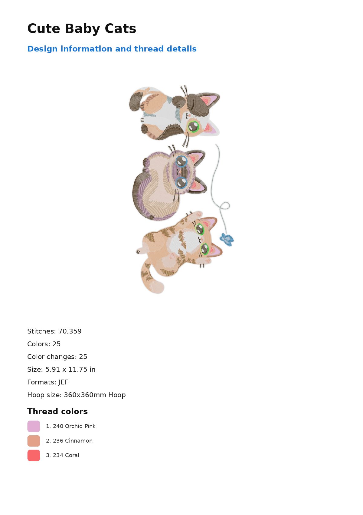 Cute Baby Cats free machine embroidery design — 5.91×11.75 in — 70,359 stitches — 25 colors — DST, EXP, JEF, PEC, PES