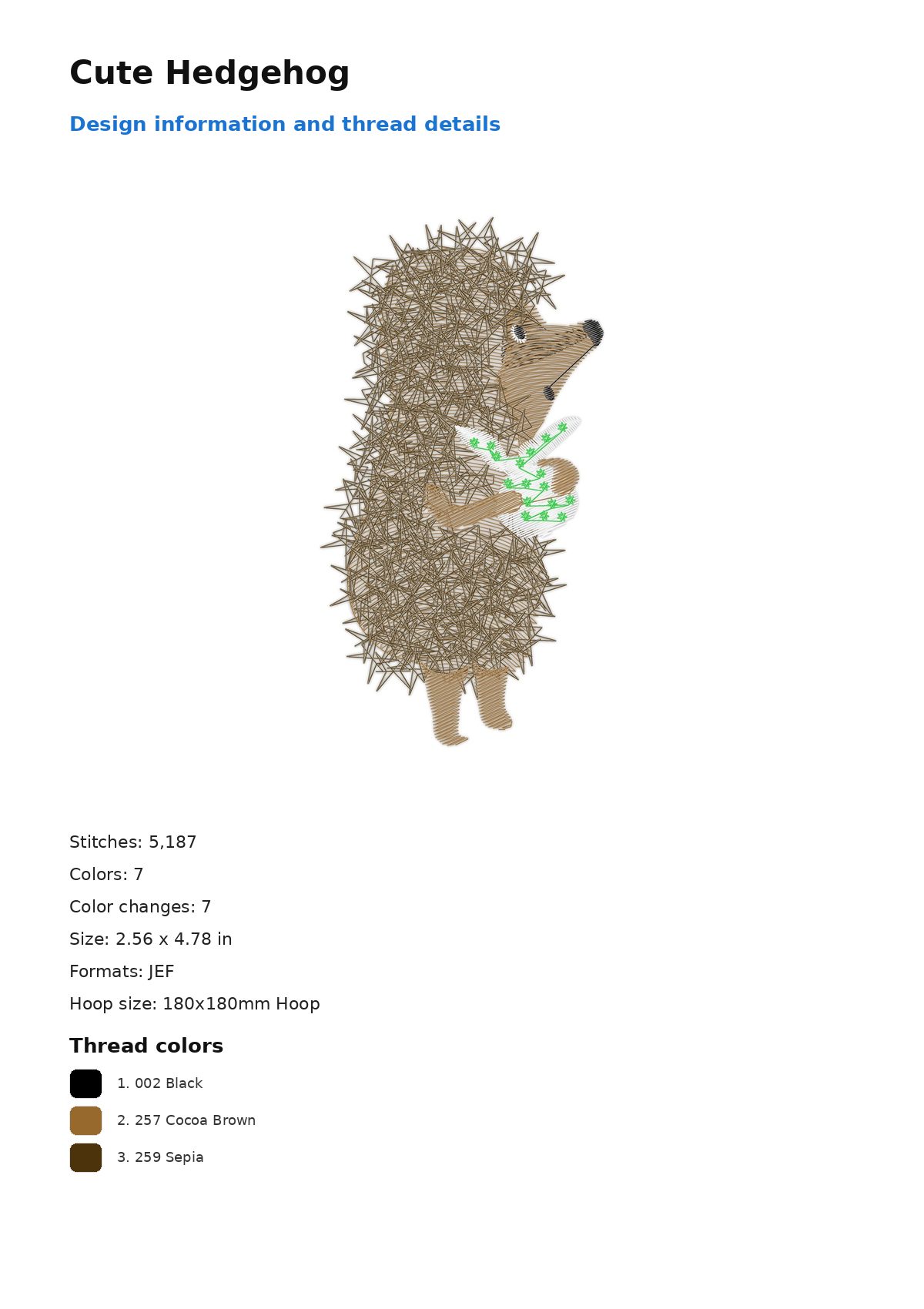 Cute Hedgehog free machine embroidery design — 2.56×4.78 in — 5,187 stitches — 7 colors — DST, EXP, JEF, PEC, PES