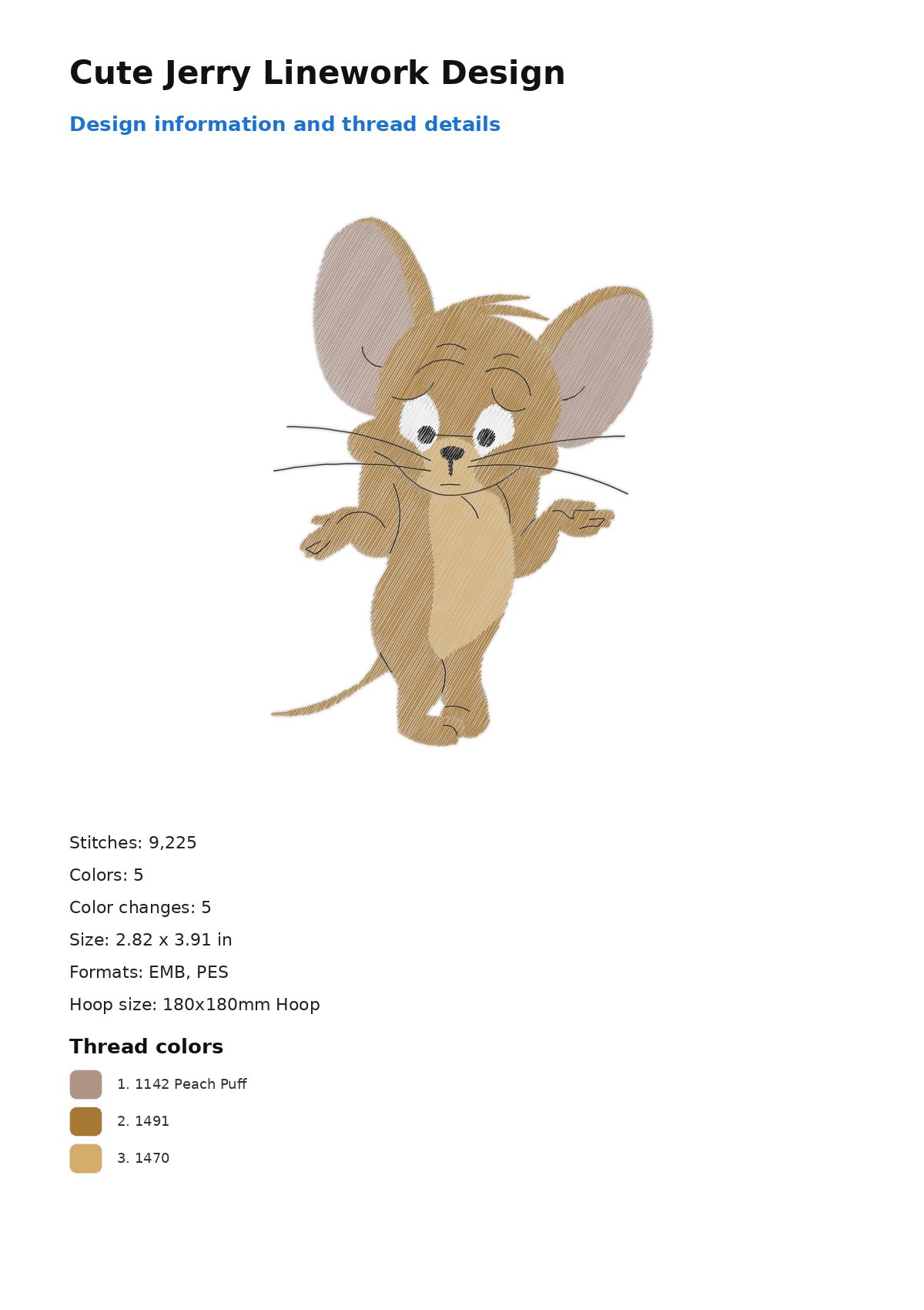 Cute Jerry Linework Design free machine embroidery design — 2.82×3.91 in — 9,225 stitches — 5 colors — DST, EMB, EXP, JEF, PEC