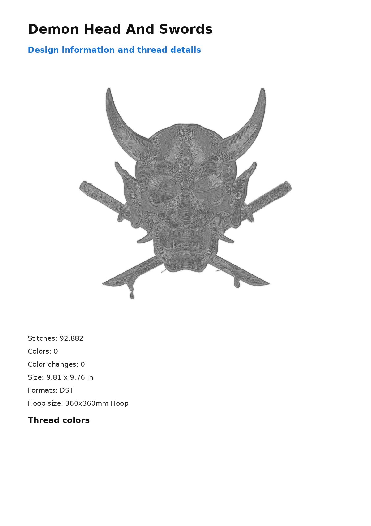 Demon Head And Swords free machine embroidery design — 9.81×9.76 in — 92,882 stitches — 0 colors — DST, EXP, JEF, PEC, PES