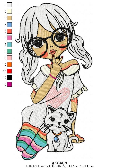 Devochka Pisanka So Cute Girl And Cat Multi-Size free machine embroidery design — 2.61×5.32 in — 23,611 stitches — 13 colors — DST, EXP, JEF, PEC, PES