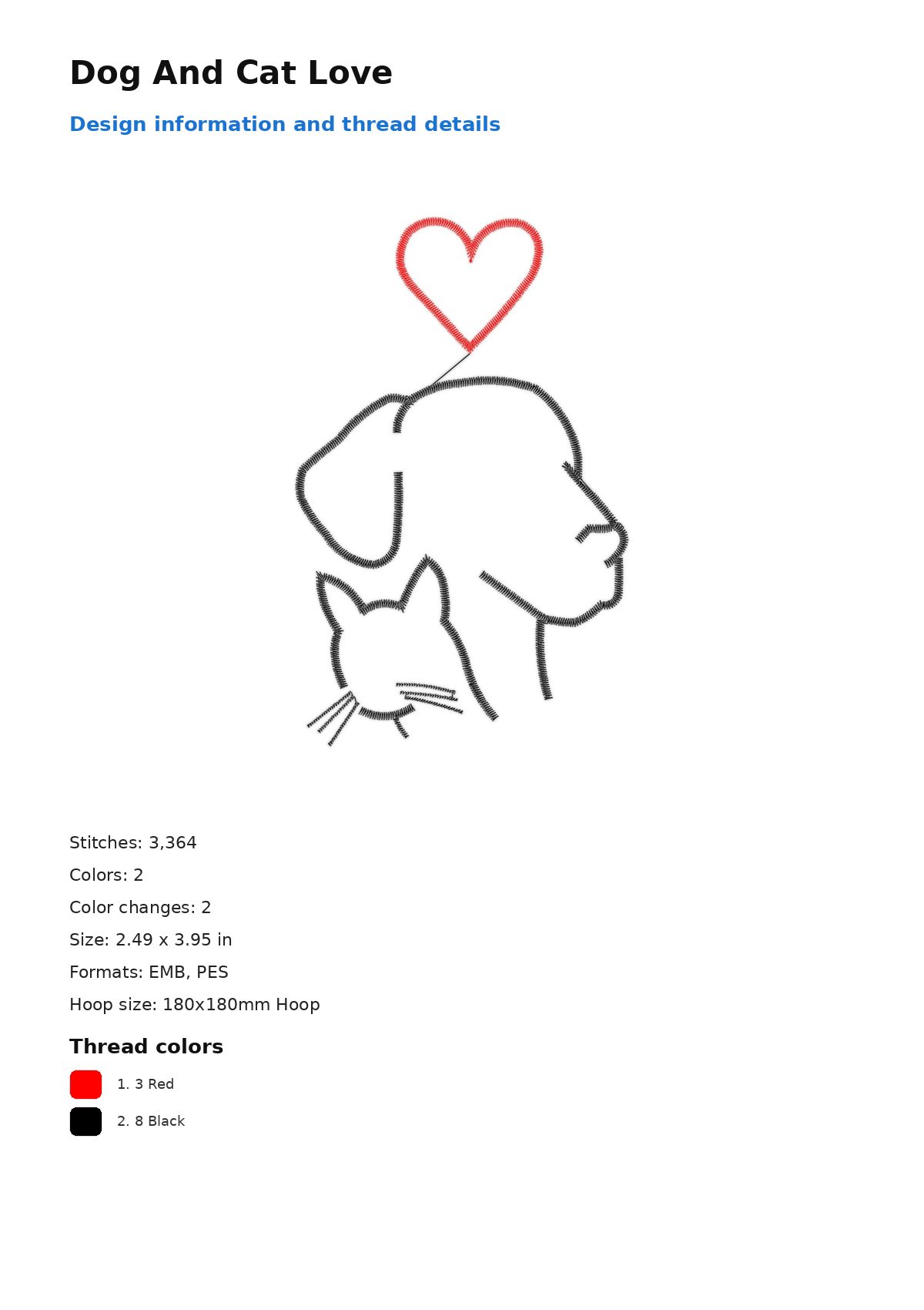 Dog And Cat Love free machine embroidery design — 2.49×3.95 in — 3,364 stitches — 2 colors — DST, EMB, EXP, JEF, PEC