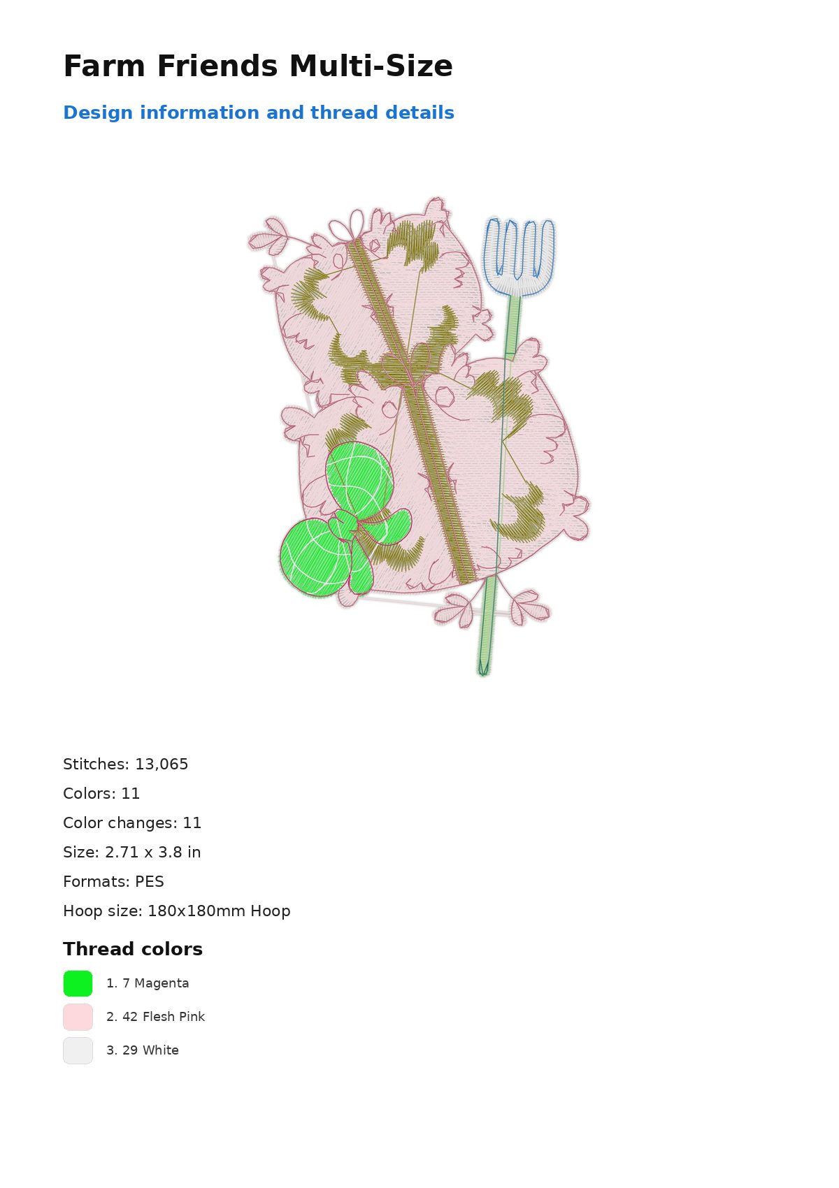Farm Friends Multi-Size free machine embroidery design — 2.71×3.8 in — 13,065 stitches — 11 colors — DST, EXP, JEF, PEC, PES