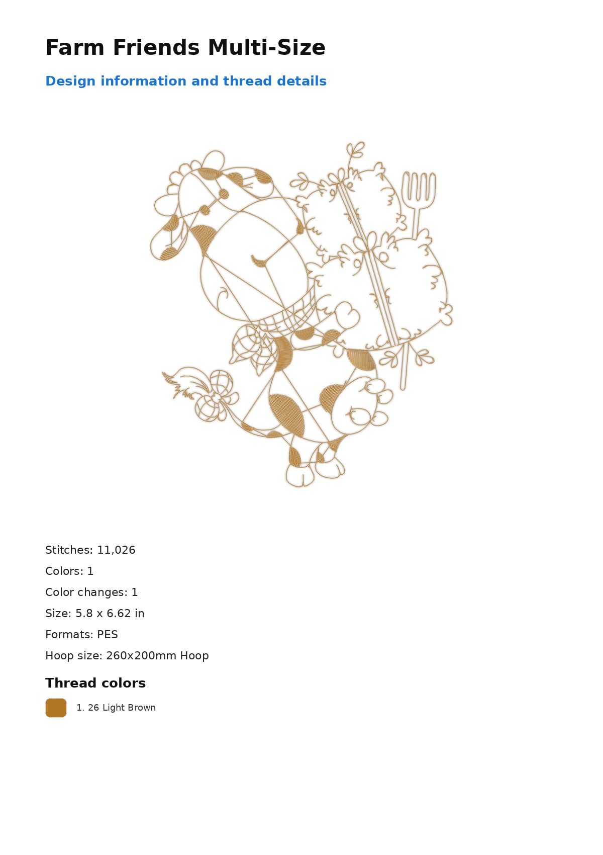 Farm Friends Multi-Size free machine embroidery design — 5.8×6.62 in — 11,026 stitches — 1 colors — DST, EXP, JEF, PEC, PES