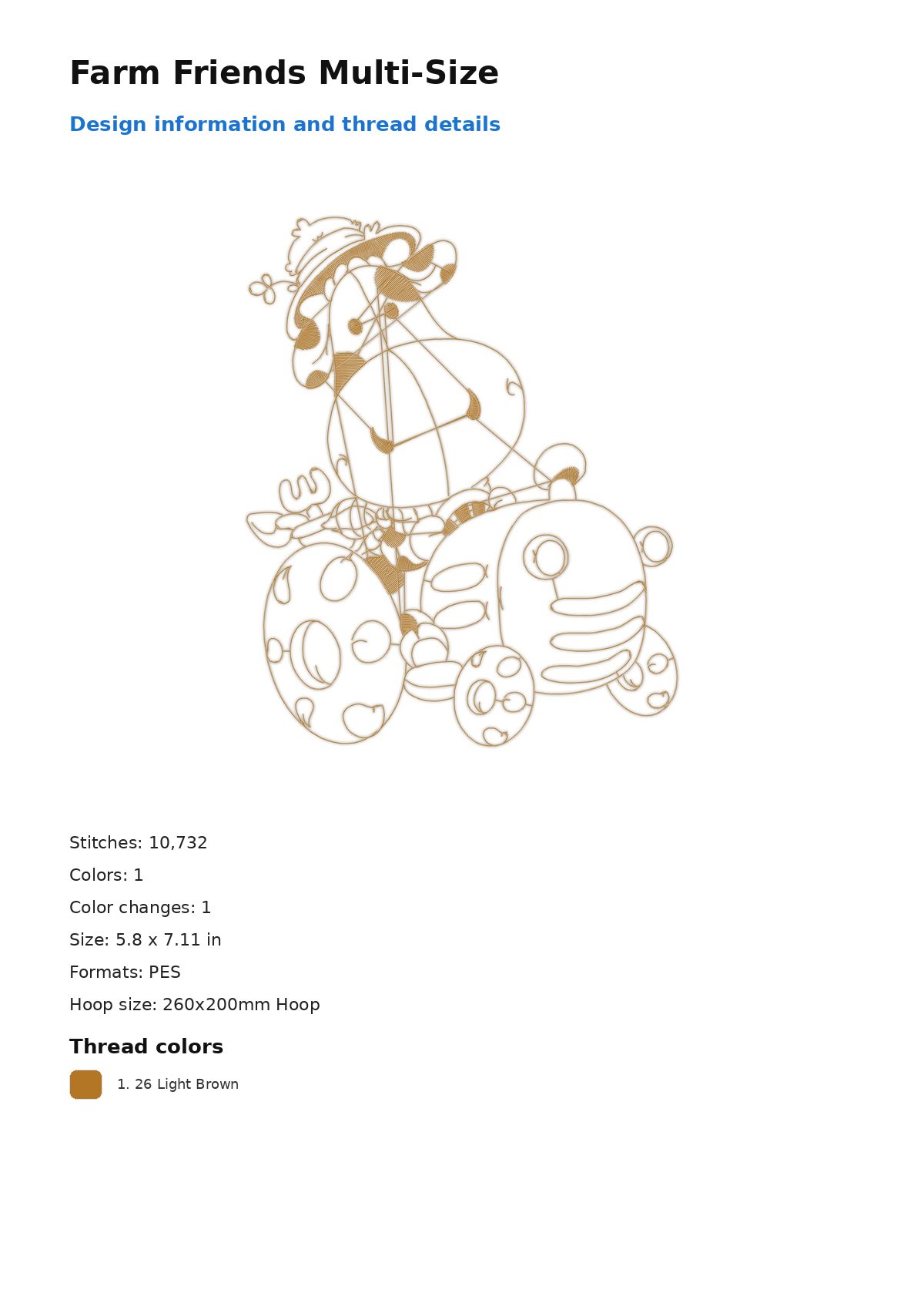 Farm Friends Multi-Size free machine embroidery design — 5.8×7.11 in — 10,732 stitches — 1 colors — DST, EXP, JEF, PEC, PES