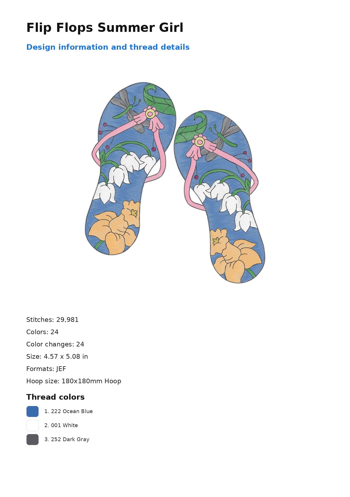 Flip Flops Summer Girl free machine embroidery design — 4.57×5.08 in — 29,981 stitches — 24 colors — DST, EXP, JEF, PEC, PES