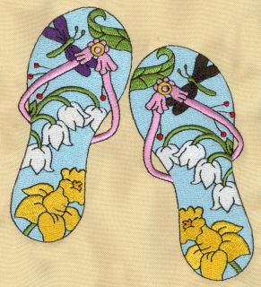 Flip Flops Summer Girl free machine embroidery design — 4.57×5.08 in — 29,981 stitches — 24 colors — DST, EXP, JEF, PEC, PES