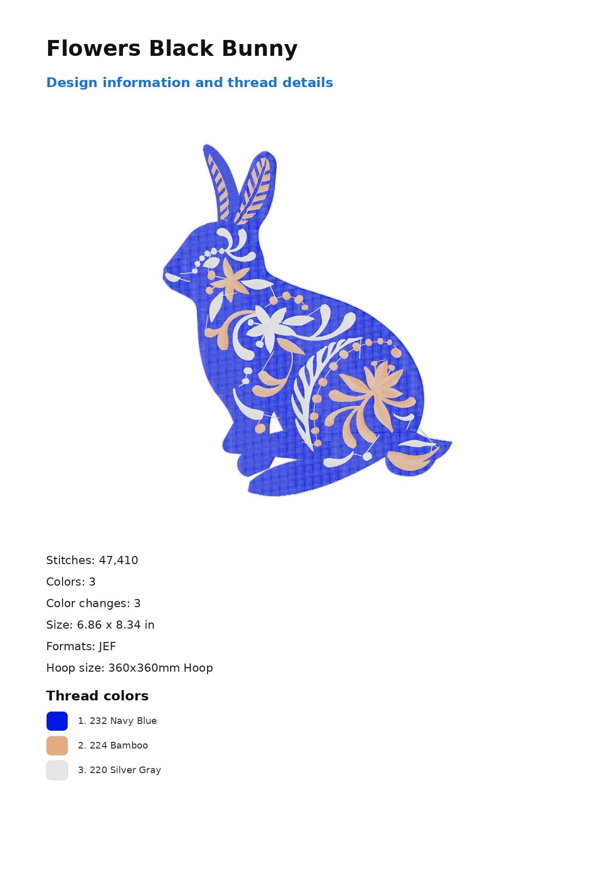 Flowers Black Bunny free machine embroidery design — 6.86×8.34 in — 47,410 stitches — 3 colors — DST, EXP, JEF, PEC, PES
