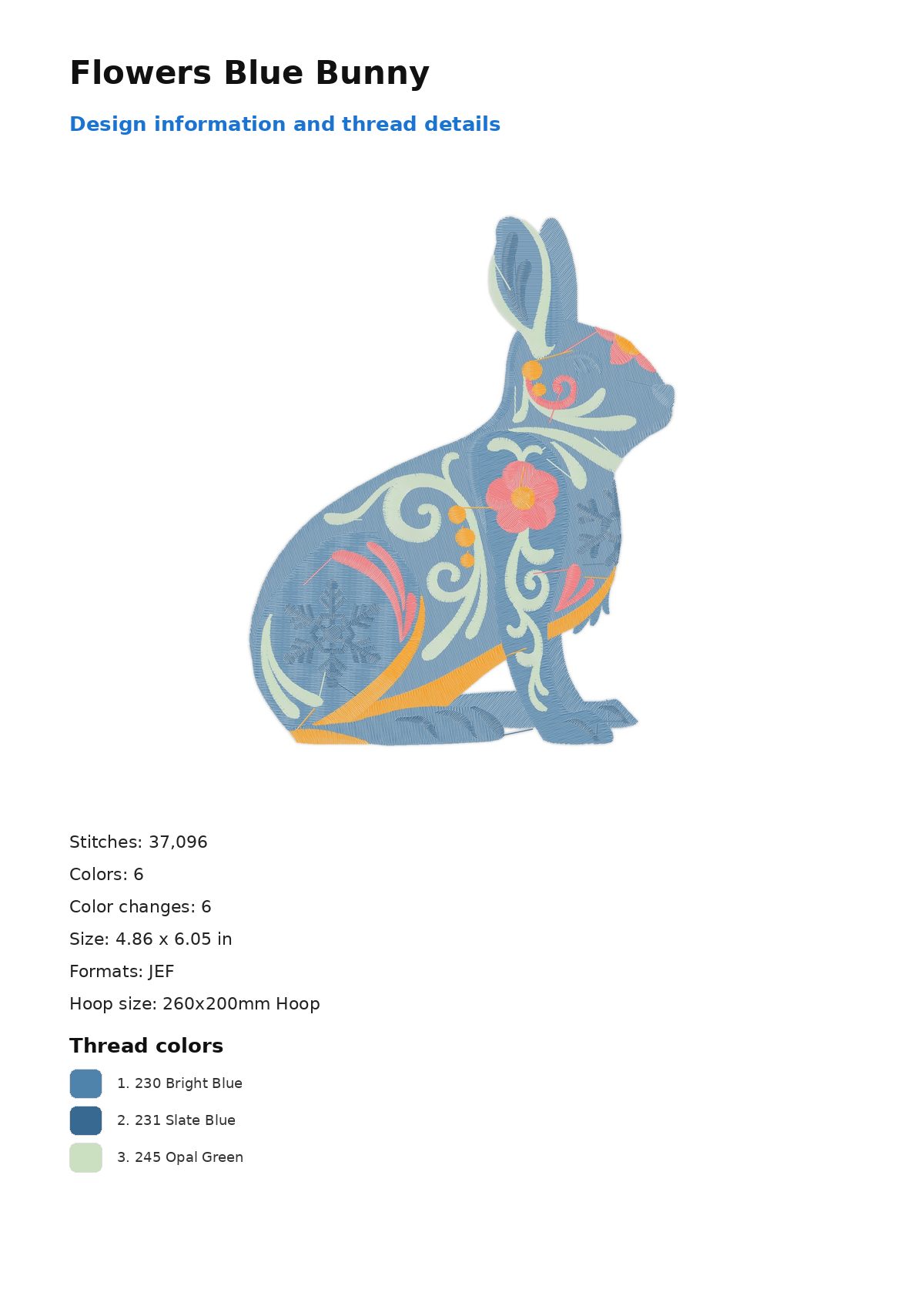 Flowers Blue Bunny free machine embroidery design — 4.86×6.05 in — 37,096 stitches — 6 colors — DST, EXP, JEF, PEC, PES