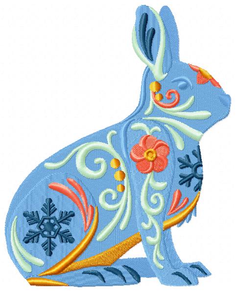 Flowers Blue Bunny free machine embroidery design — 4.86×6.05 in — 37,096 stitches — 6 colors — DST, EXP, JEF, PEC, PES