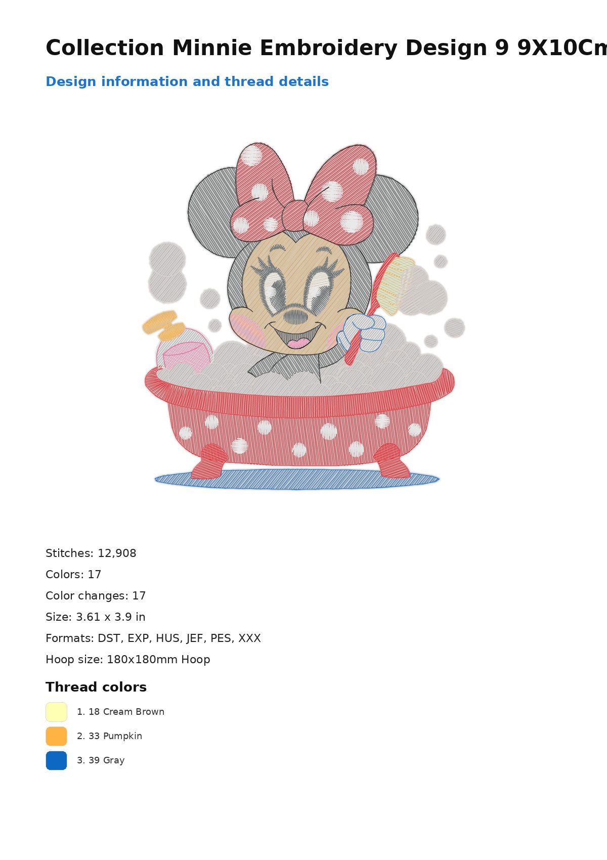Collection Minnie Embroidery Design 9 9X10Cm Free free machine embroidery design — 3.61×3.9 in — 12,908 stitches — 17 colors — DST, EXP, HUS, JEF, PES