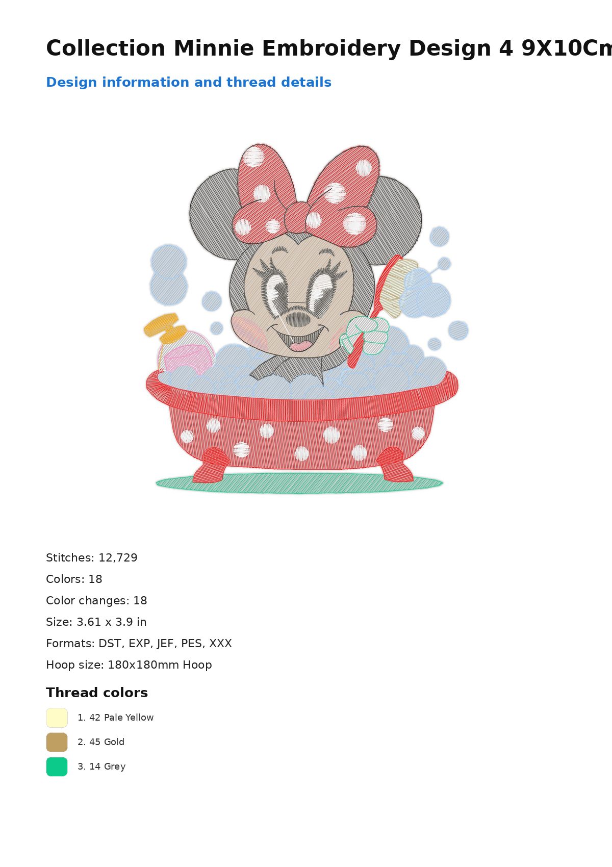 Collection Minnie Embroidery Design 4 9X10Cm Free free machine embroidery design — 3.61×3.9 in — 12,729 stitches — 18 colors — DST, EXP, JEF, PES, XXX