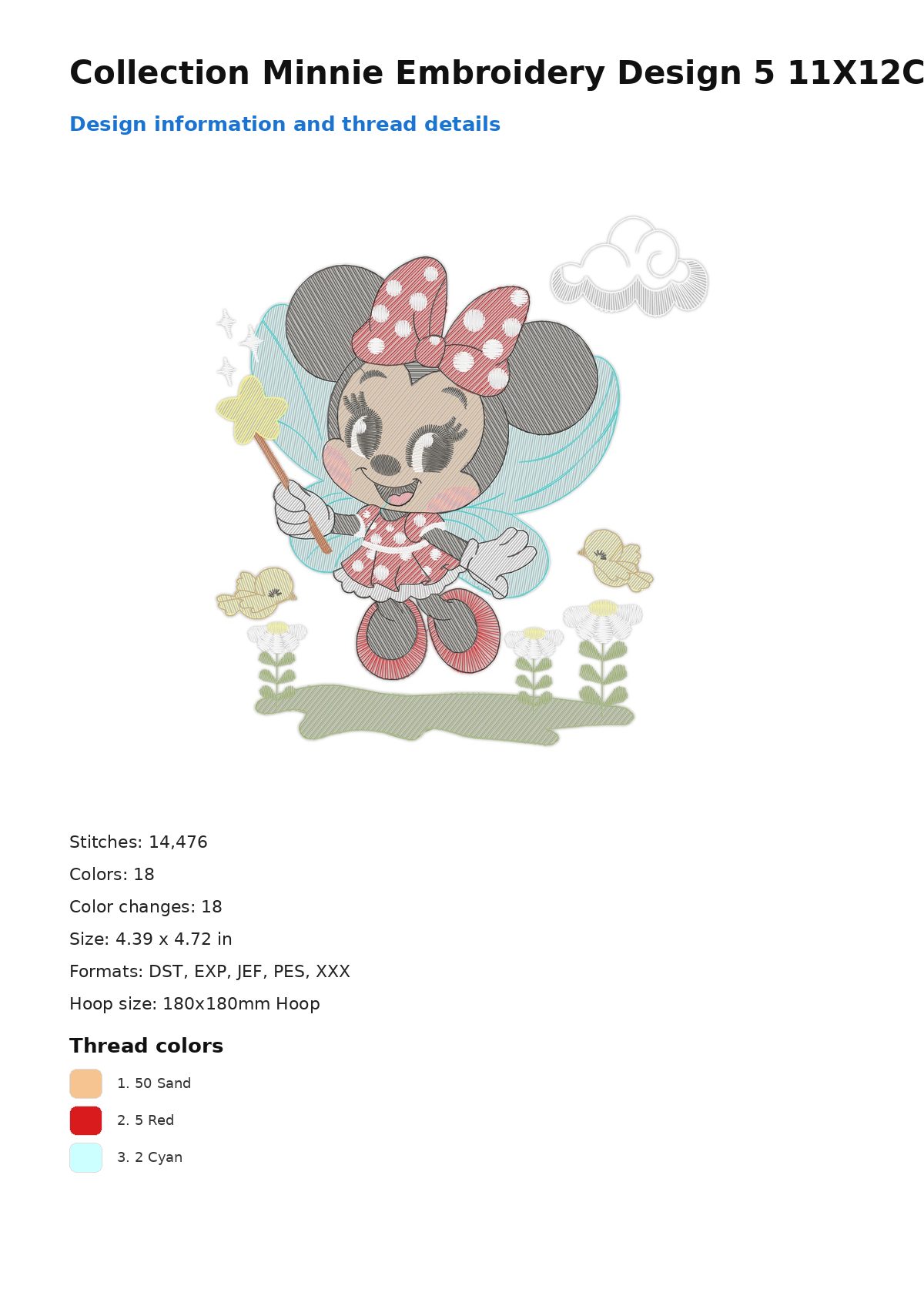 Collection Minnie Embroidery Design 5 11X12Cm Free free machine embroidery design — 4.39×4.72 in — 14,476 stitches — 18 colors — DST, EXP, JEF, PES, XXX