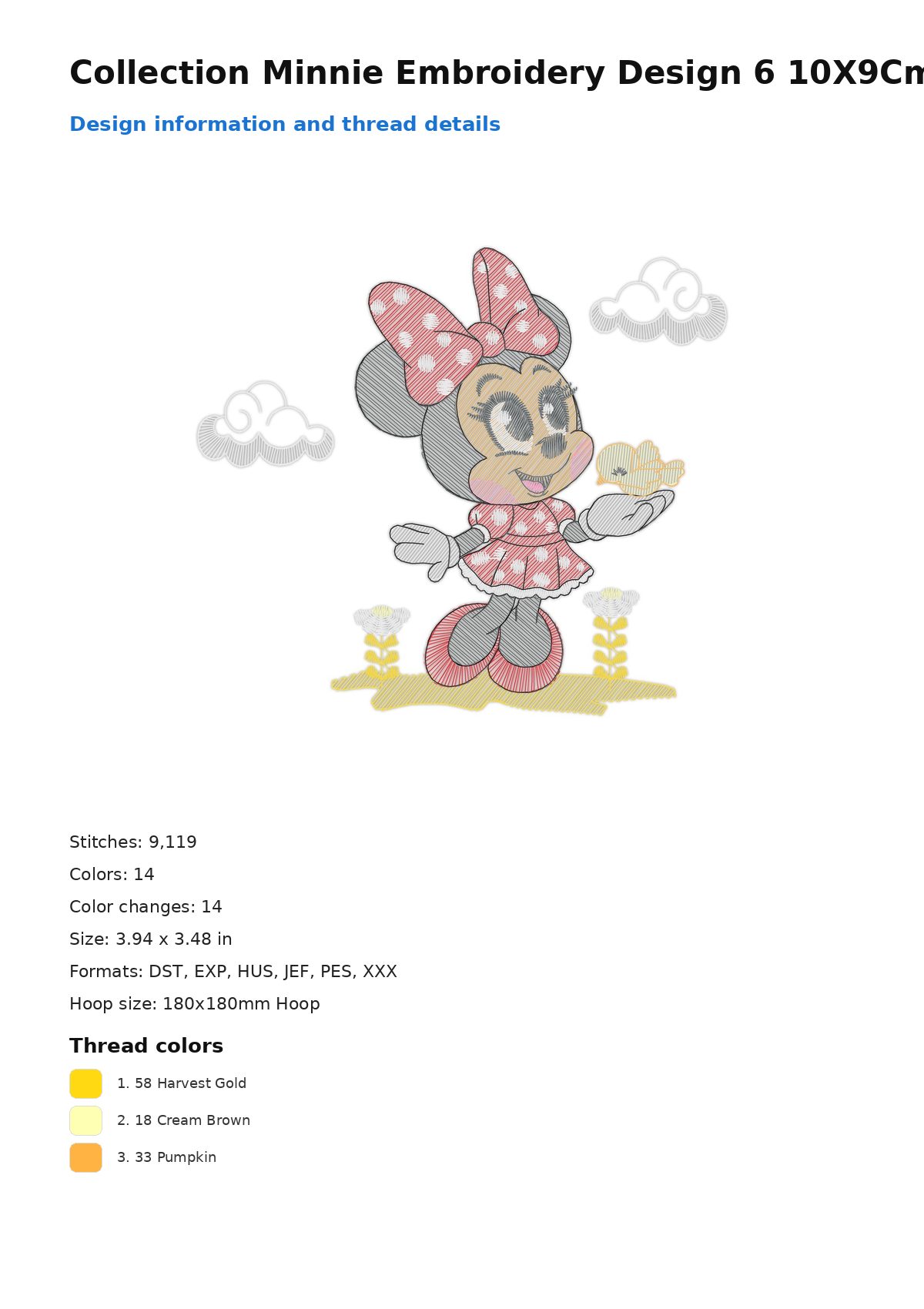 Collection Minnie Embroidery Design 6 10X9Cm Free free machine embroidery design — 3.94×3.48 in — 9,119 stitches — 14 colors — DST, EXP, HUS, JEF, PES