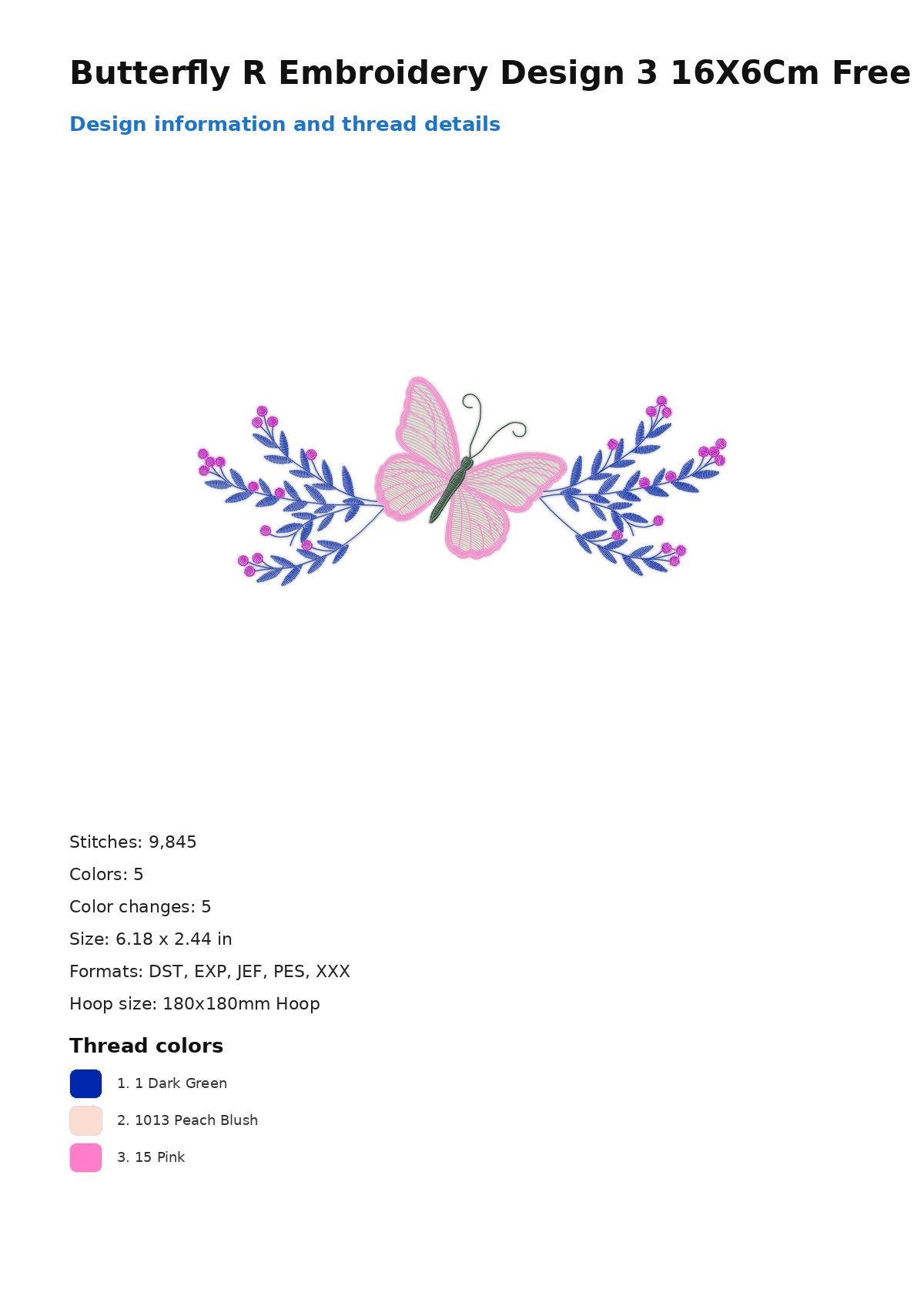 Butterfly R Embroidery Design 3 16X6Cm Free free machine embroidery design — 6.18×2.44 in — 9,845 stitches — 5 colors — DST, EXP, JEF, PES, XXX