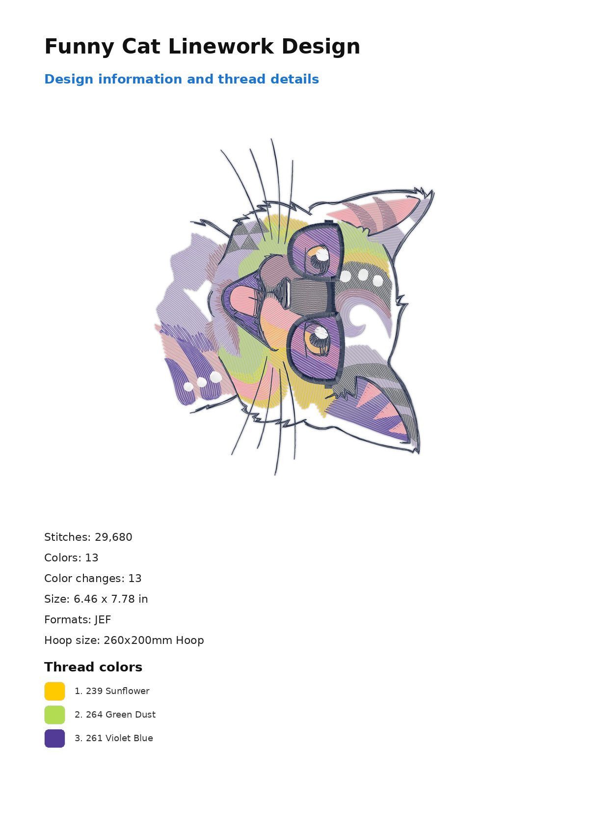 Funny Cat Linework Design free machine embroidery design — 6.46×7.78 in — 29,680 stitches — 13 colors — DST, EXP, JEF, PEC, PES