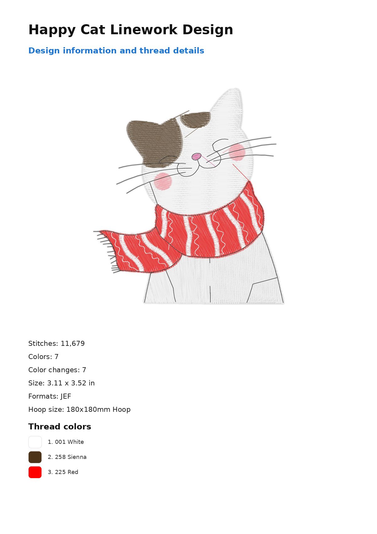 Happy Cat Linework Design free machine embroidery design — 3.11×3.52 in — 11,679 stitches — 7 colors — DST, EXP, JEF, PEC, PES