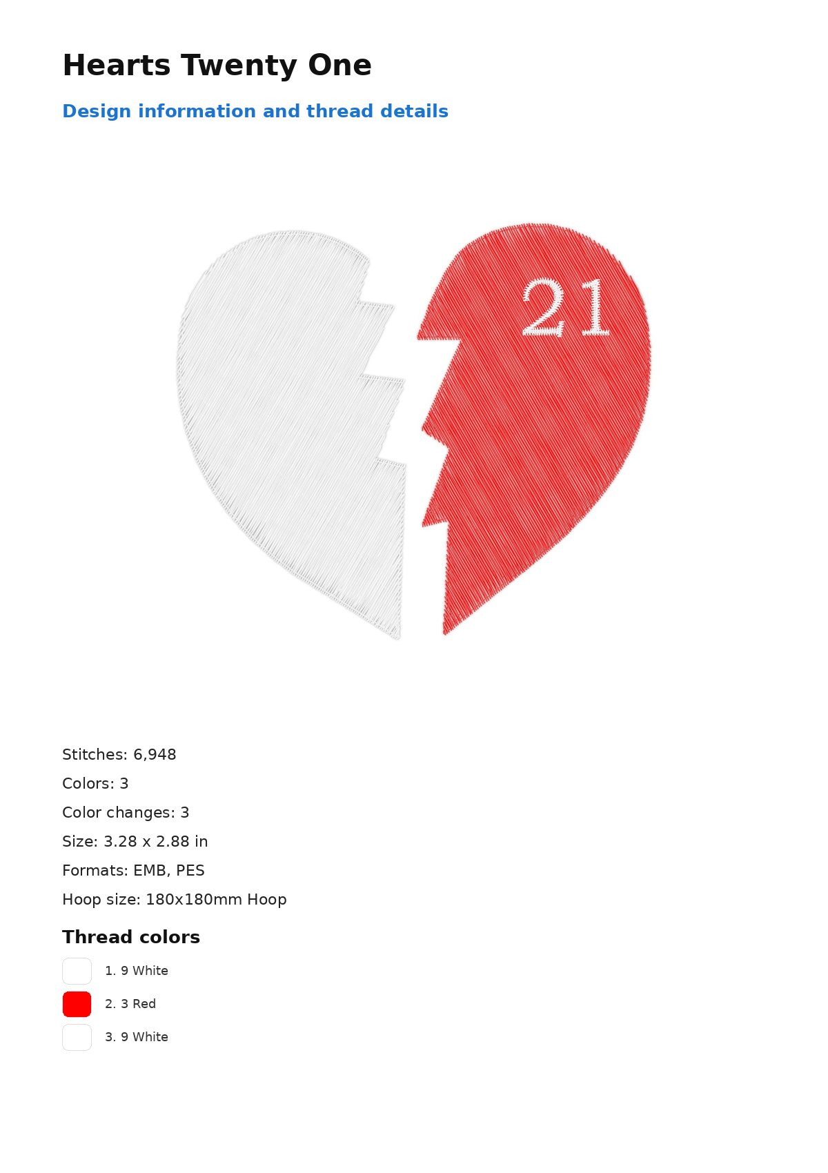 Hearts Twenty One free machine embroidery design — 3.28×2.88 in — 6,948 stitches — 3 colors — DST, EMB, EXP, JEF, PEC