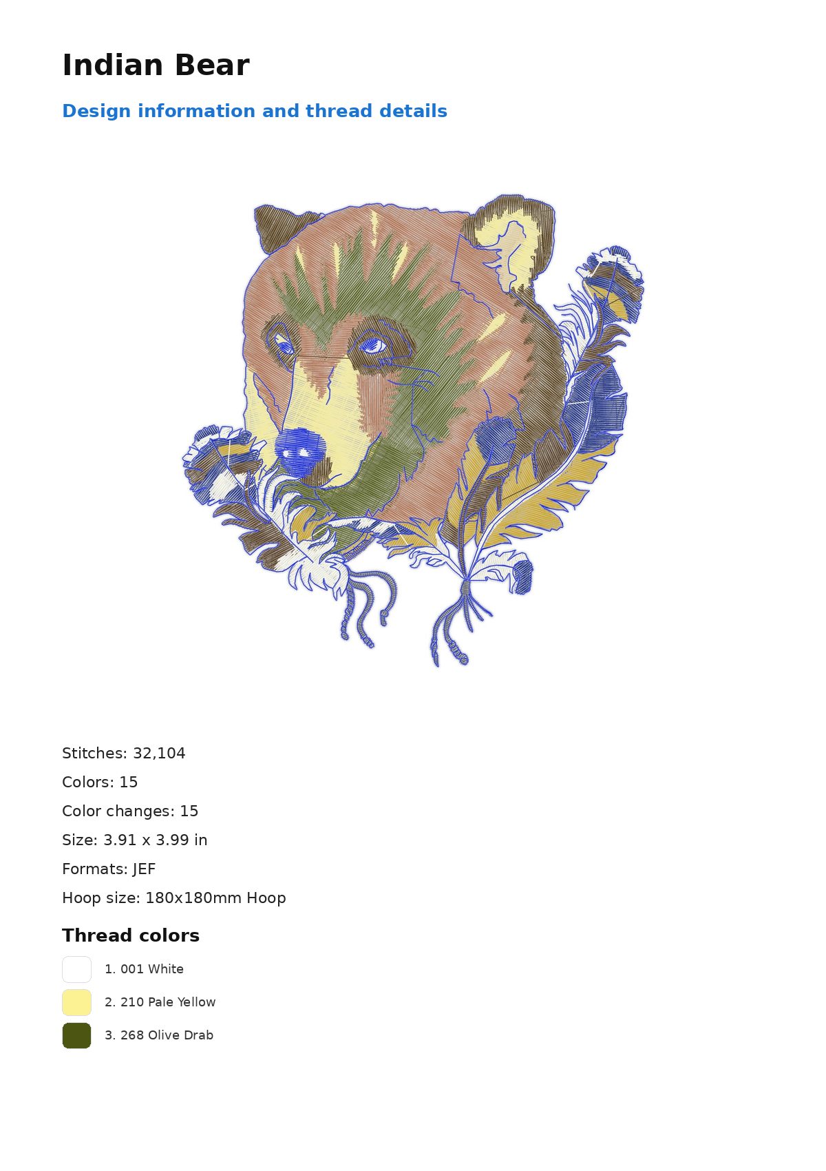 Indian Bear free machine embroidery design — 3.91×3.99 in — 32,104 stitches — 15 colors — DST, EXP, JEF, PEC, PES
