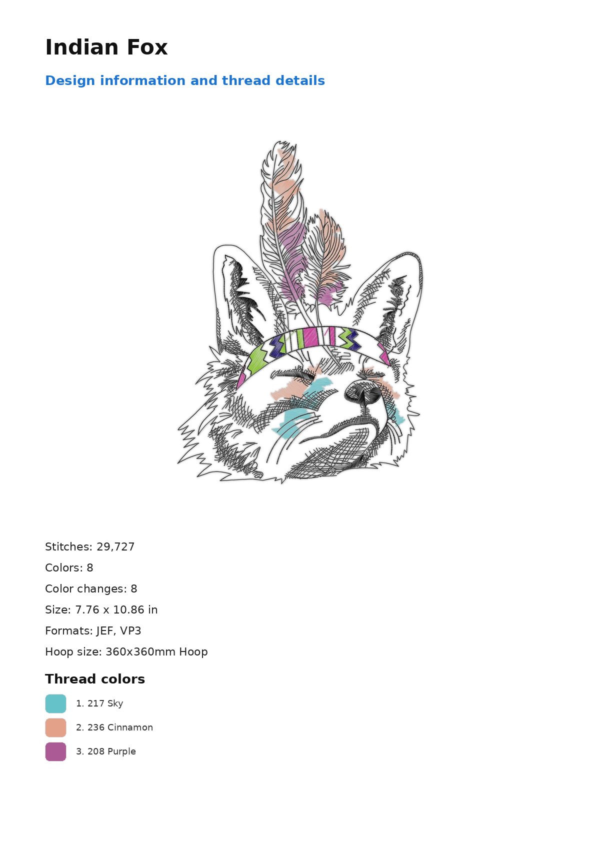 Indian Fox free machine embroidery design — 7.76×10.86 in — 29,727 stitches — 8 colors — DST, EXP, JEF, PEC, PES
