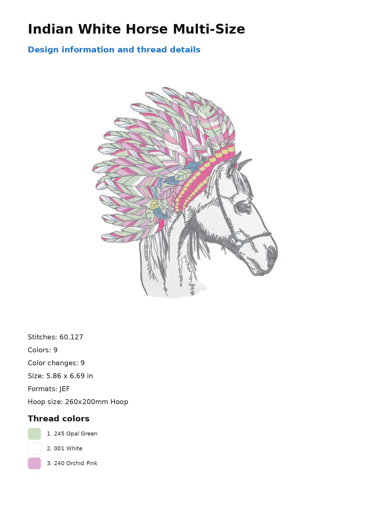 Indian White Horse Multi-Size free machine embroidery design — 5.86×6.69 in — 60,127 stitches — 9 colors — DST, EXP, JEF, PEC, PES