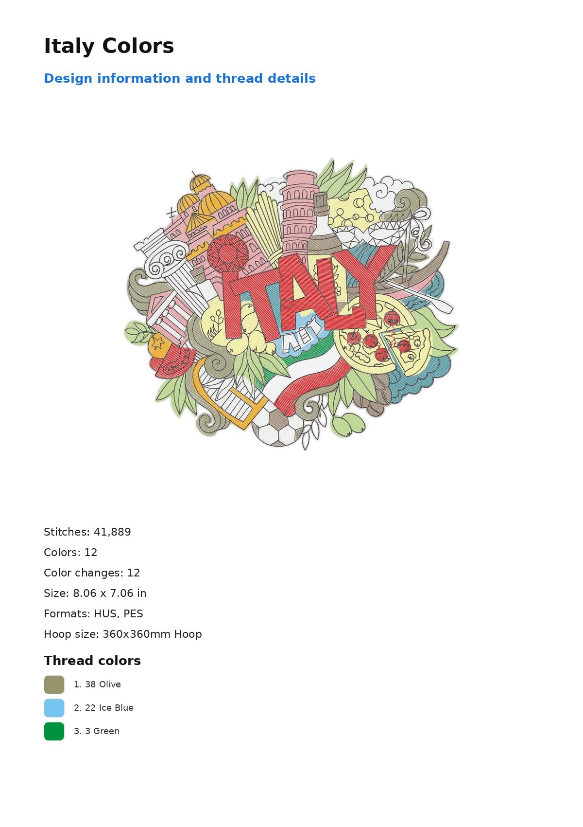 Italy Colors free machine embroidery design — 8.06×7.06 in — 41,889 stitches — 12 colors — DST, EXP, HUS, JEF, PEC