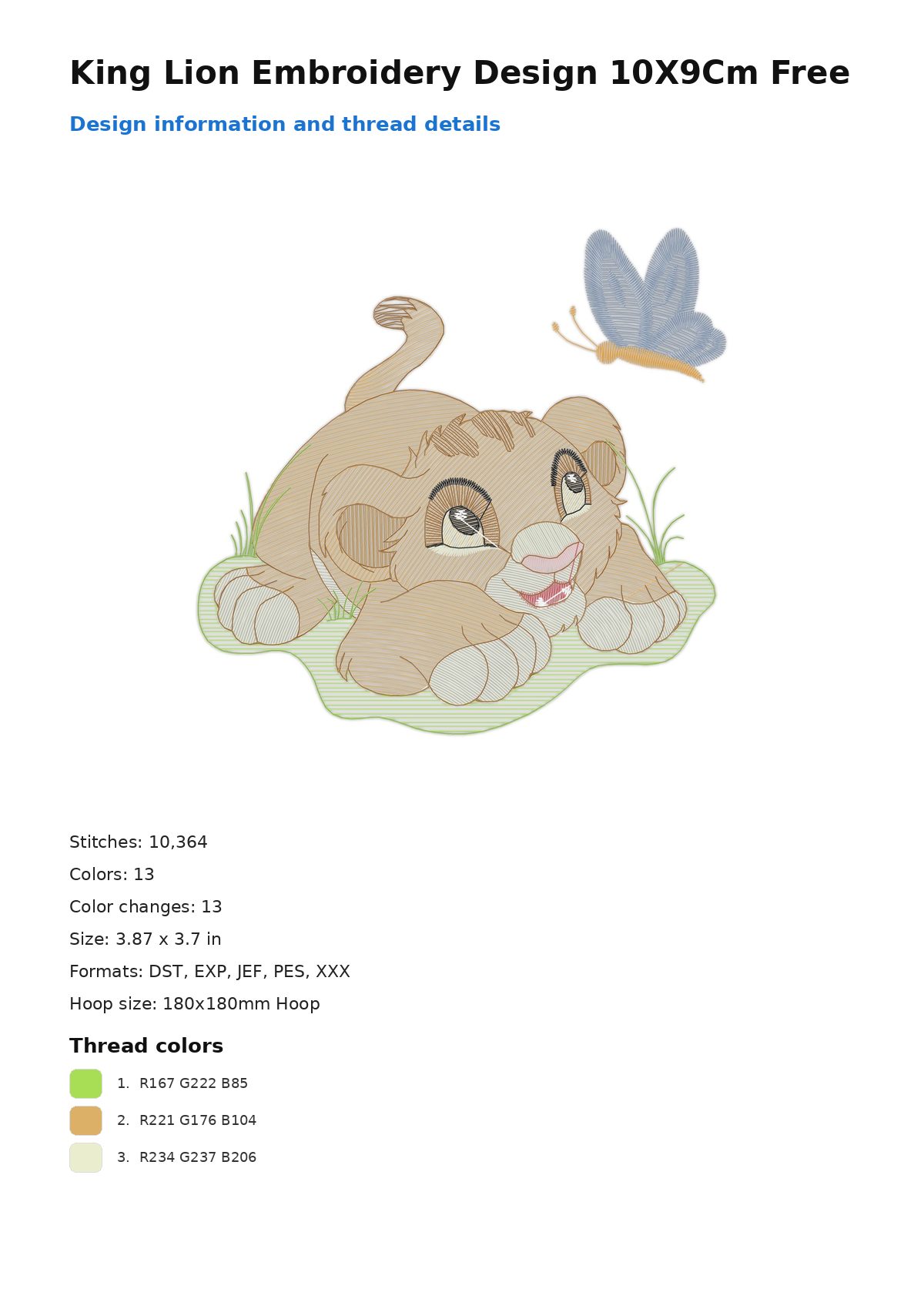 King Lion Embroidery Design 10X9Cm Free free machine embroidery design — 3.87×3.7 in — 10,364 stitches — 13 colors — DST, EXP, JEF, PES, XXX