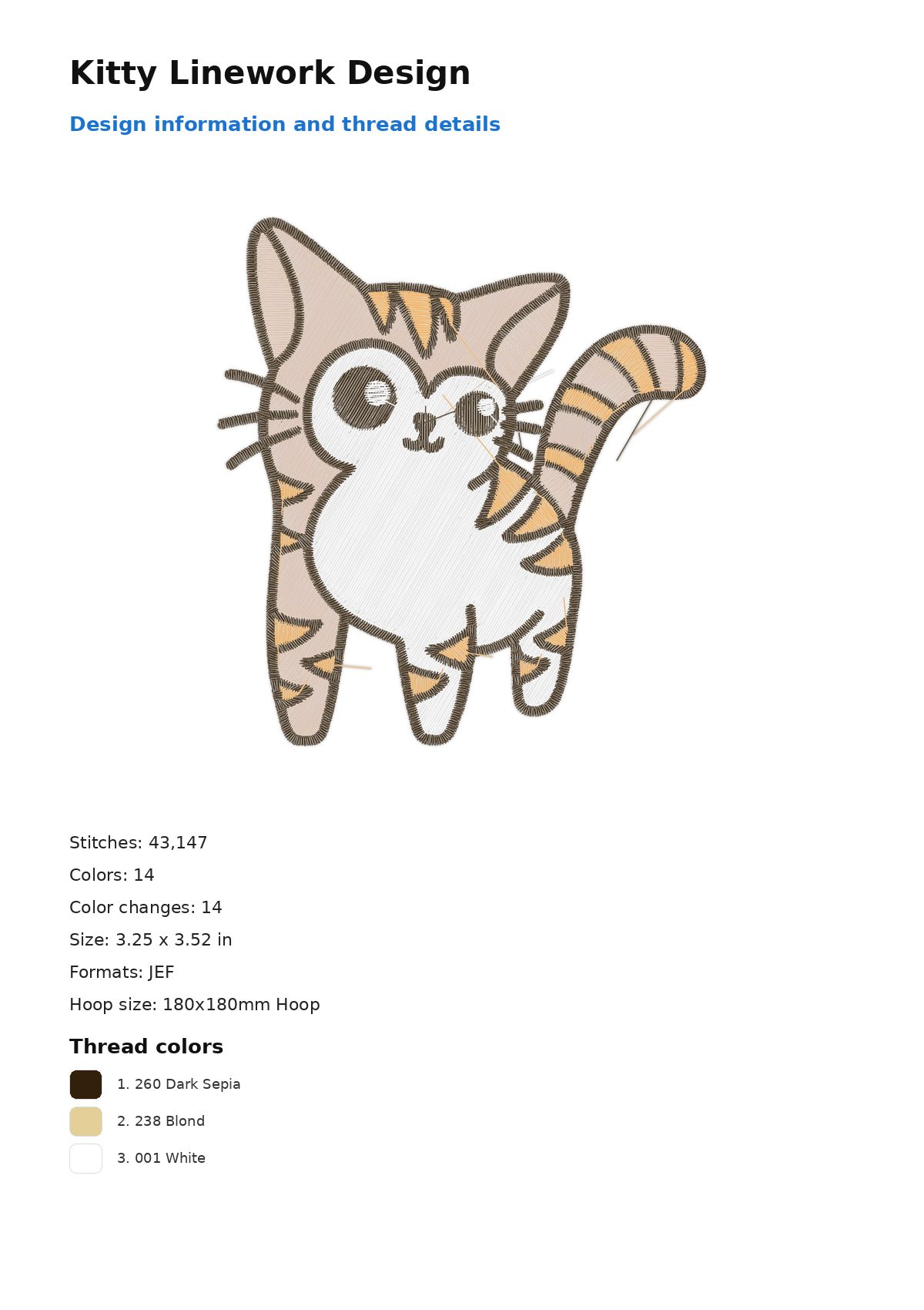 Kitty Linework Design free machine embroidery design — 3.25×3.52 in — 43,147 stitches — 14 colors — DST, EXP, JEF, PEC, PES