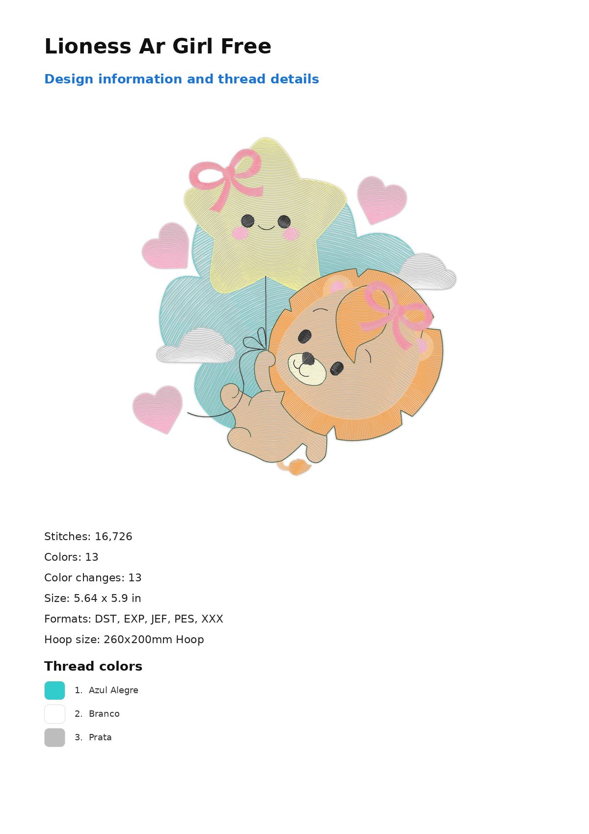 Lioness Ar Girl Free free machine embroidery design — 5.64×5.9 in — 16,726 stitches — 13 colors — DST, EXP, JEF, PES, XXX
