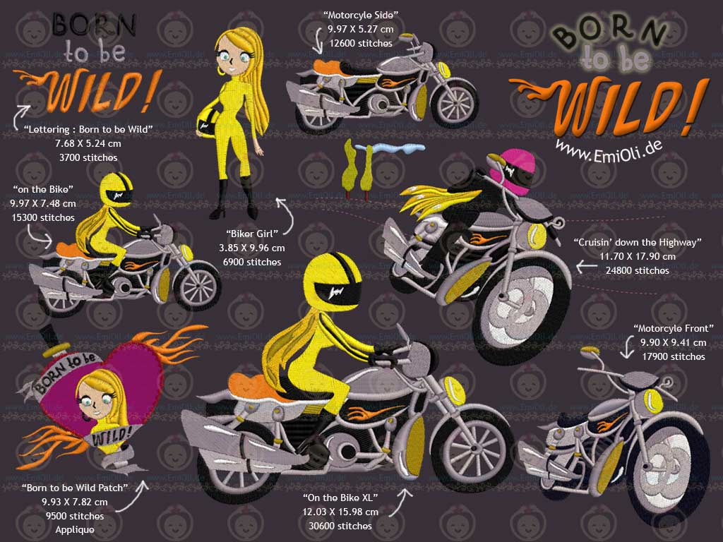 Motorcycle Love Born To Be Wild Motorcycle Love Born To Be Wild Motorcycle Love Born To Be Wild Multi-Size free machine embroidery design — 3.02×2.06 in — 3,683 stitches — 3 colors — DST, EXP, JEF, PEC, PES