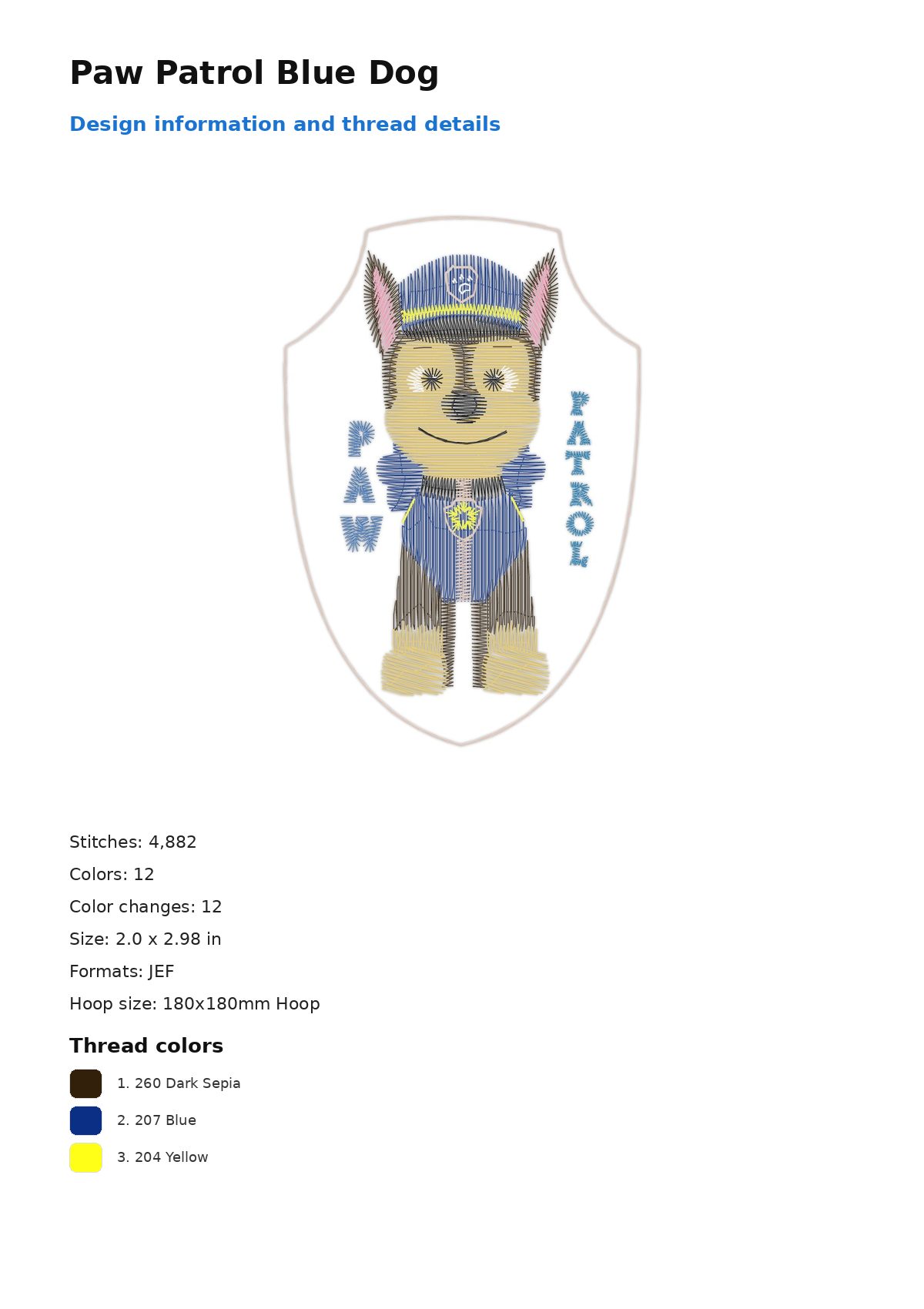 Paw Patrol Blue Dog free machine embroidery design — 2.0×2.98 in — 4,882 stitches — 12 colors — DST, EXP, JEF, PEC, PES