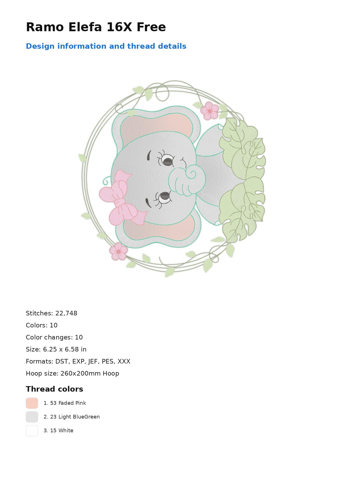 Ramo Elefa 16X Free free machine embroidery design — 6.25×6.58 in — 22,748 stitches — 10 colors — DST, EXP, JEF, PES, XXX