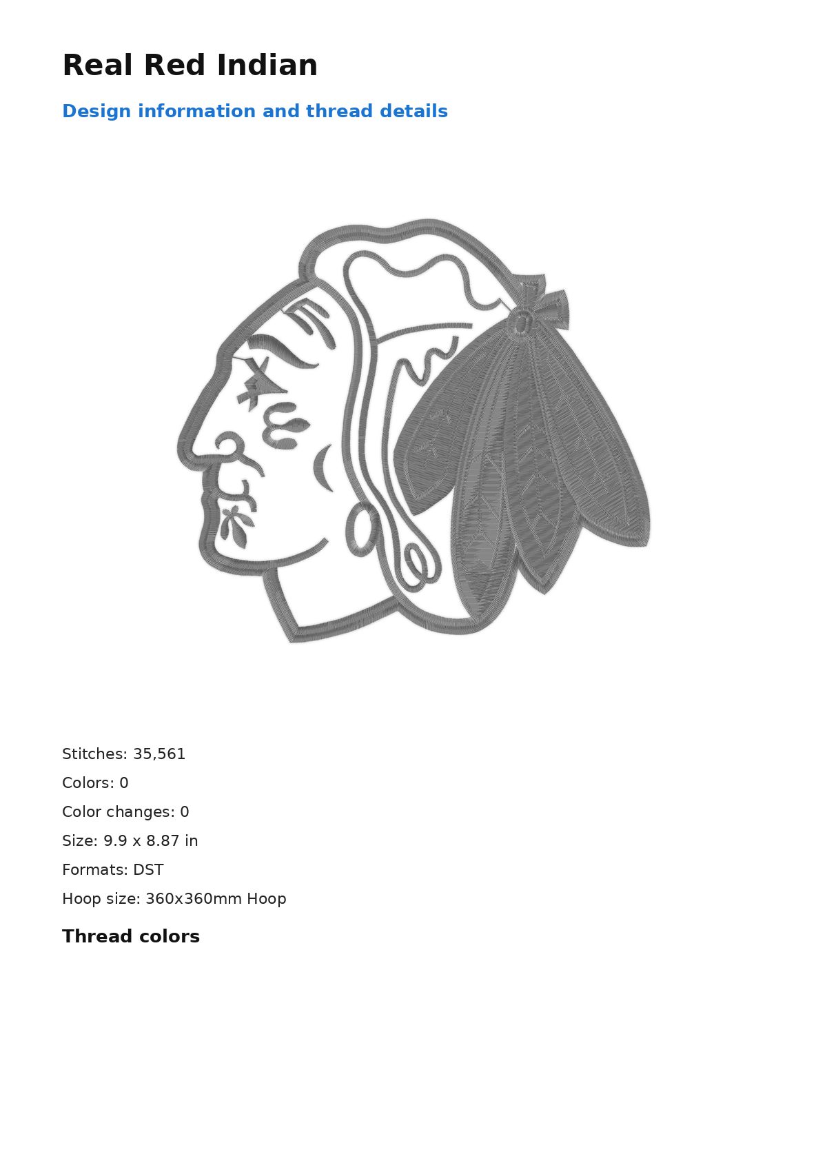 Real Red Indian free machine embroidery design — 9.9×8.87 in — 35,561 stitches — 0 colors — DST, EXP, JEF, PEC, PES
