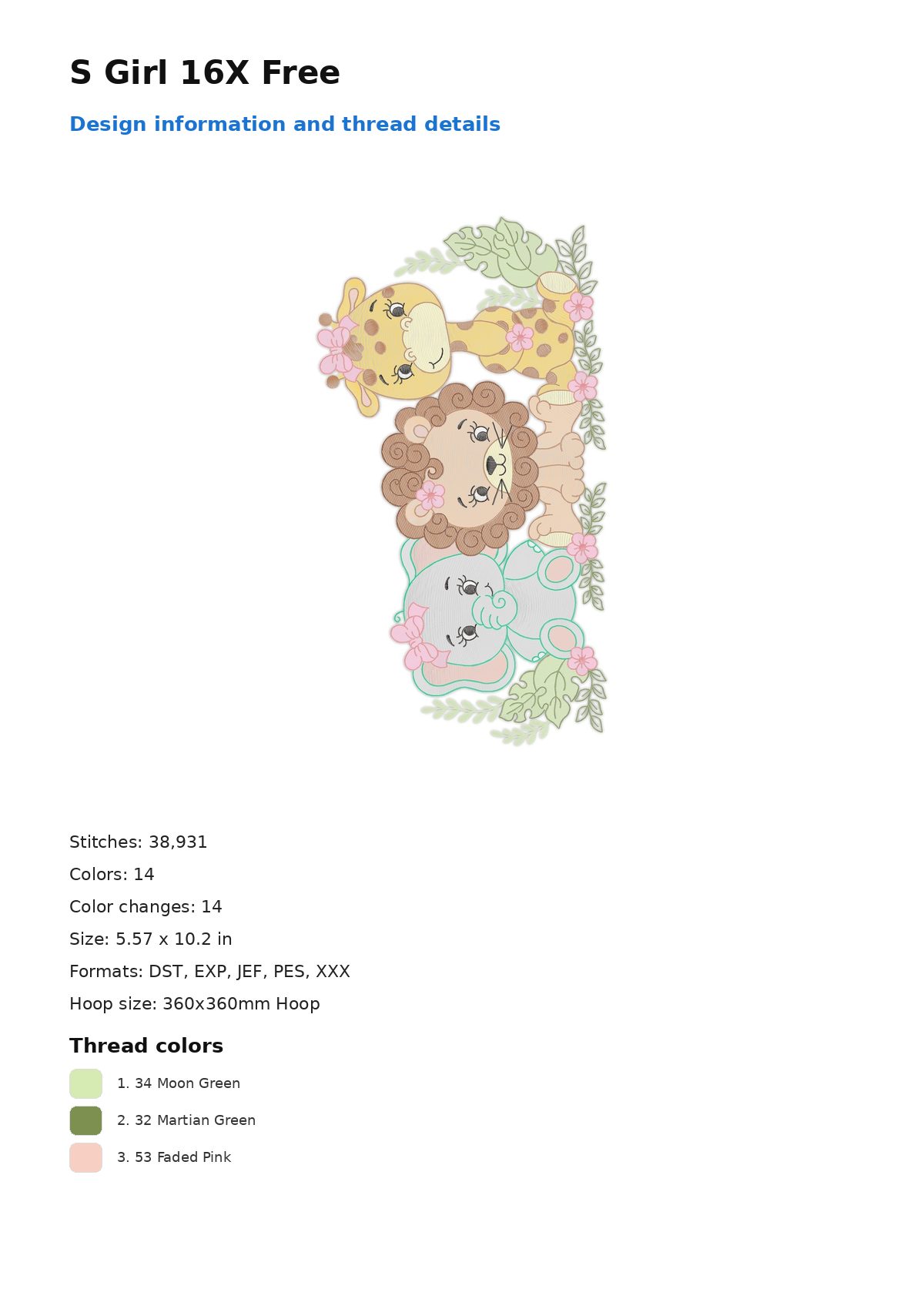 S Girl 16X Free free machine embroidery design — 5.57×10.2 in — 38,931 stitches — 14 colors — DST, EXP, JEF, PES, XXX
