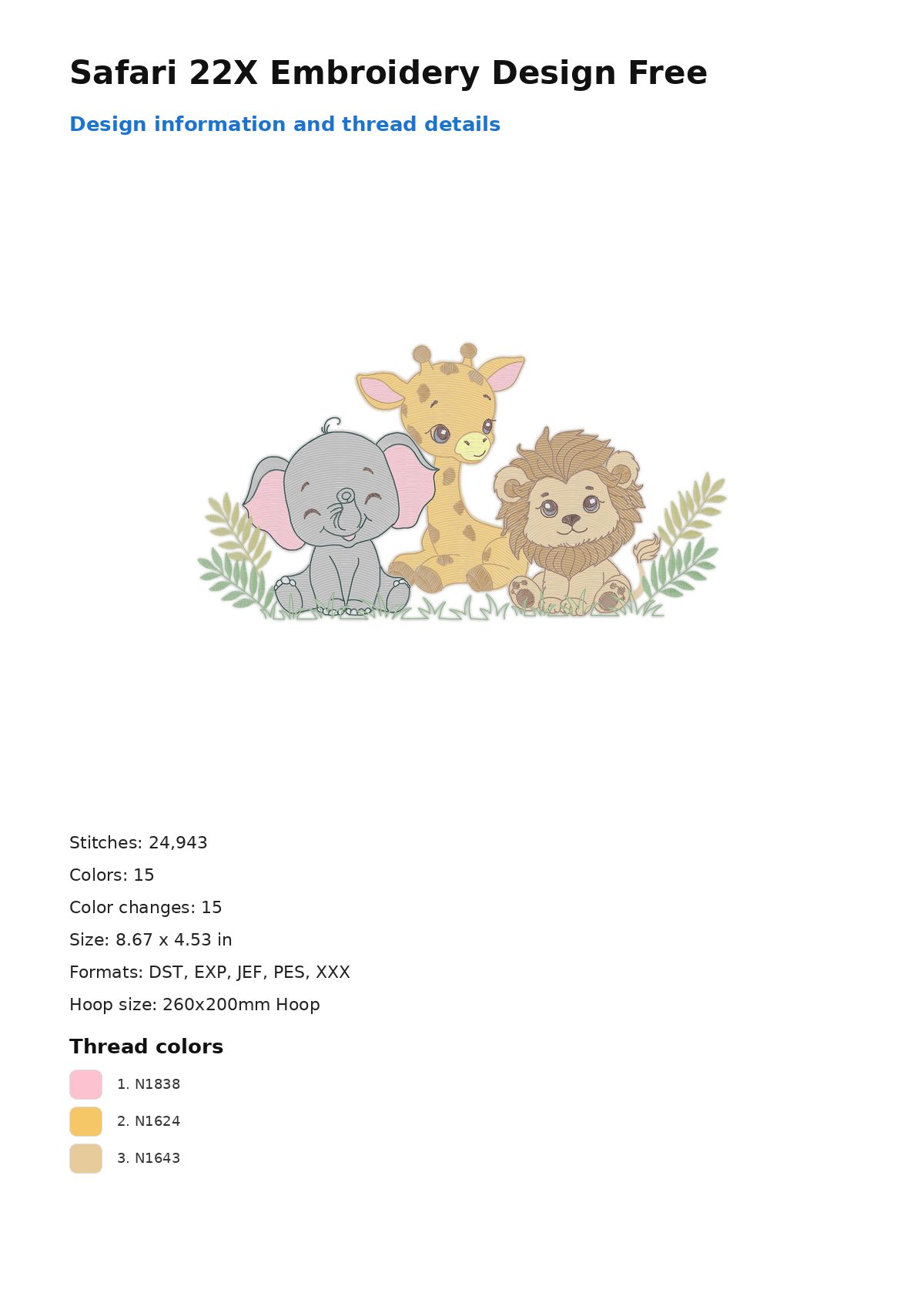 Safari 22X Embroidery Design Free free machine embroidery design — 8.67×4.53 in — 24,943 stitches — 15 colors — DST, EXP, JEF, PES, XXX
