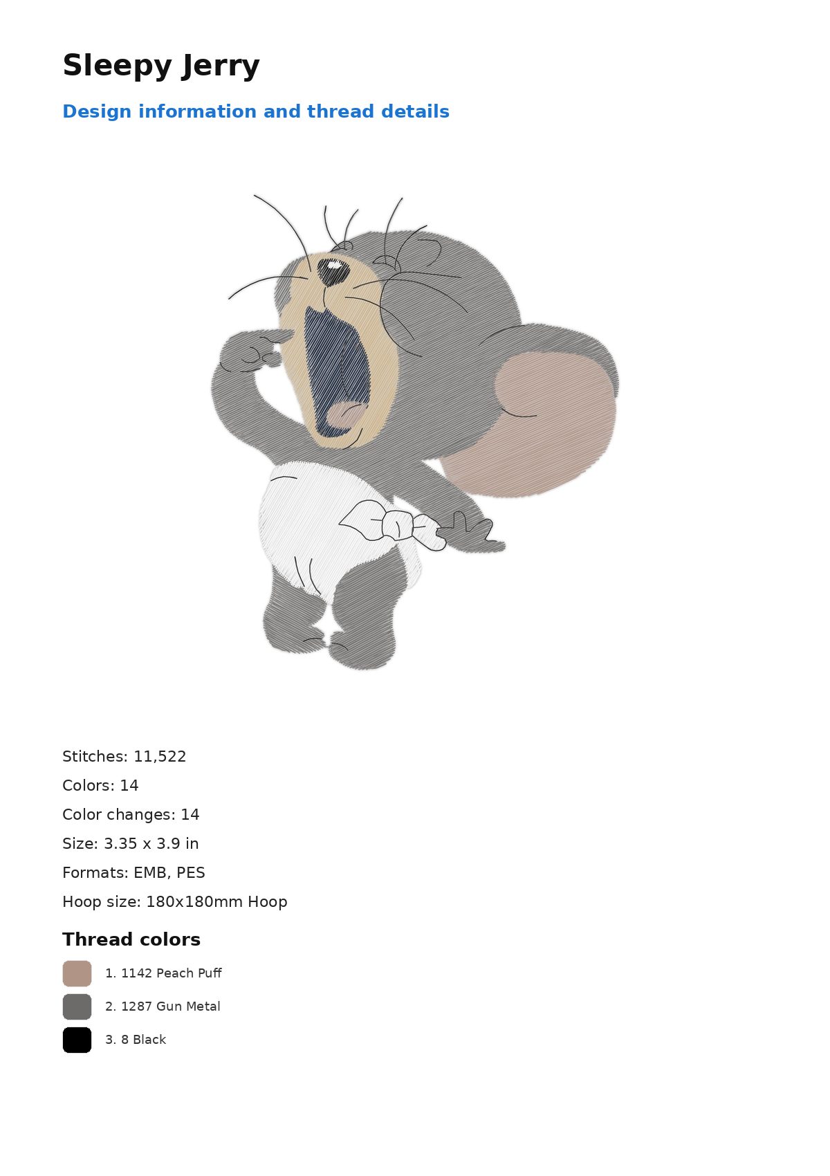Sleepy Jerry free machine embroidery design — 3.35×3.9 in — 11,522 stitches — 14 colors — DST, EMB, EXP, JEF, PEC