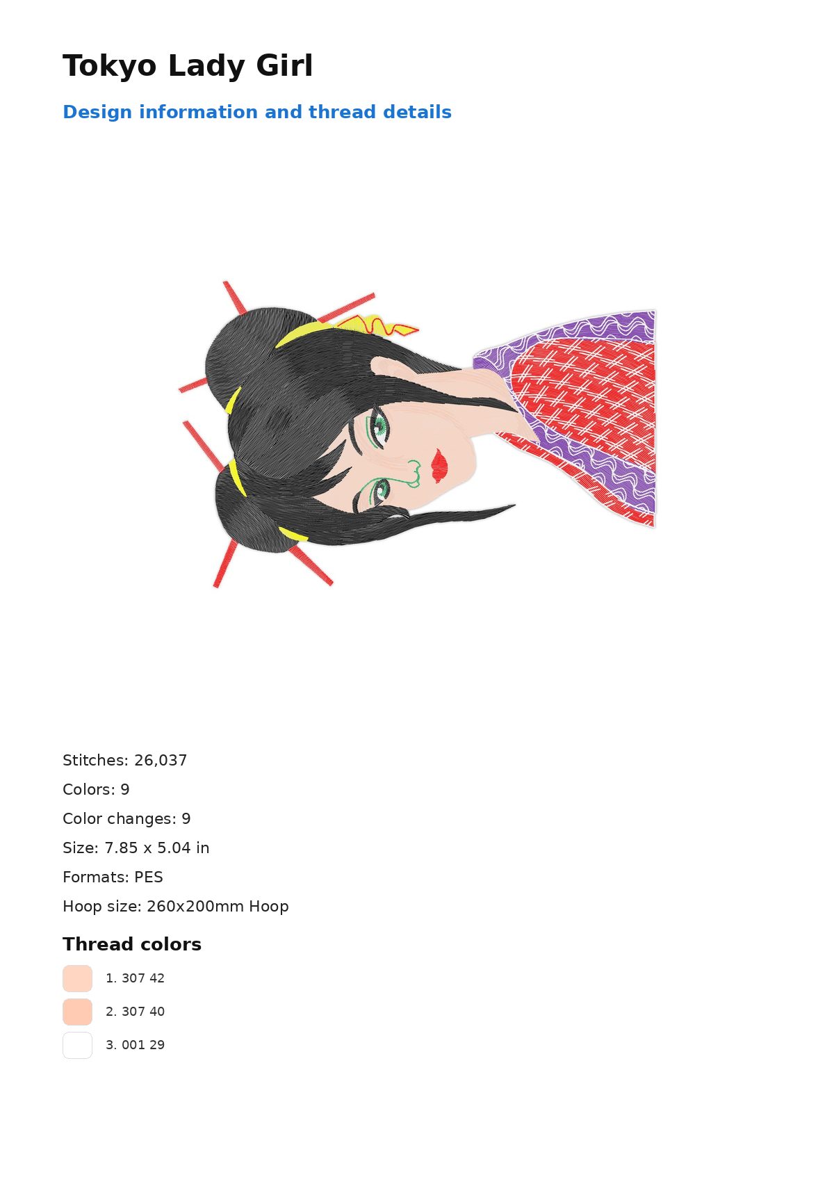 Tokyo Lady Girl free machine embroidery design — 7.85×5.04 in — 26,037 stitches — 9 colors — DST, EXP, JEF, PEC, PES