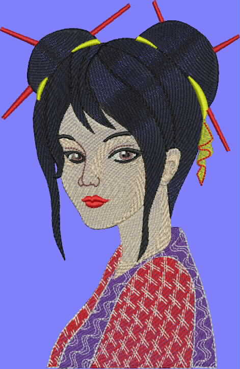 Tokyo Lady Girl free machine embroidery design — 7.85×5.04 in — 26,037 stitches — 9 colors — DST, EXP, JEF, PEC, PES
