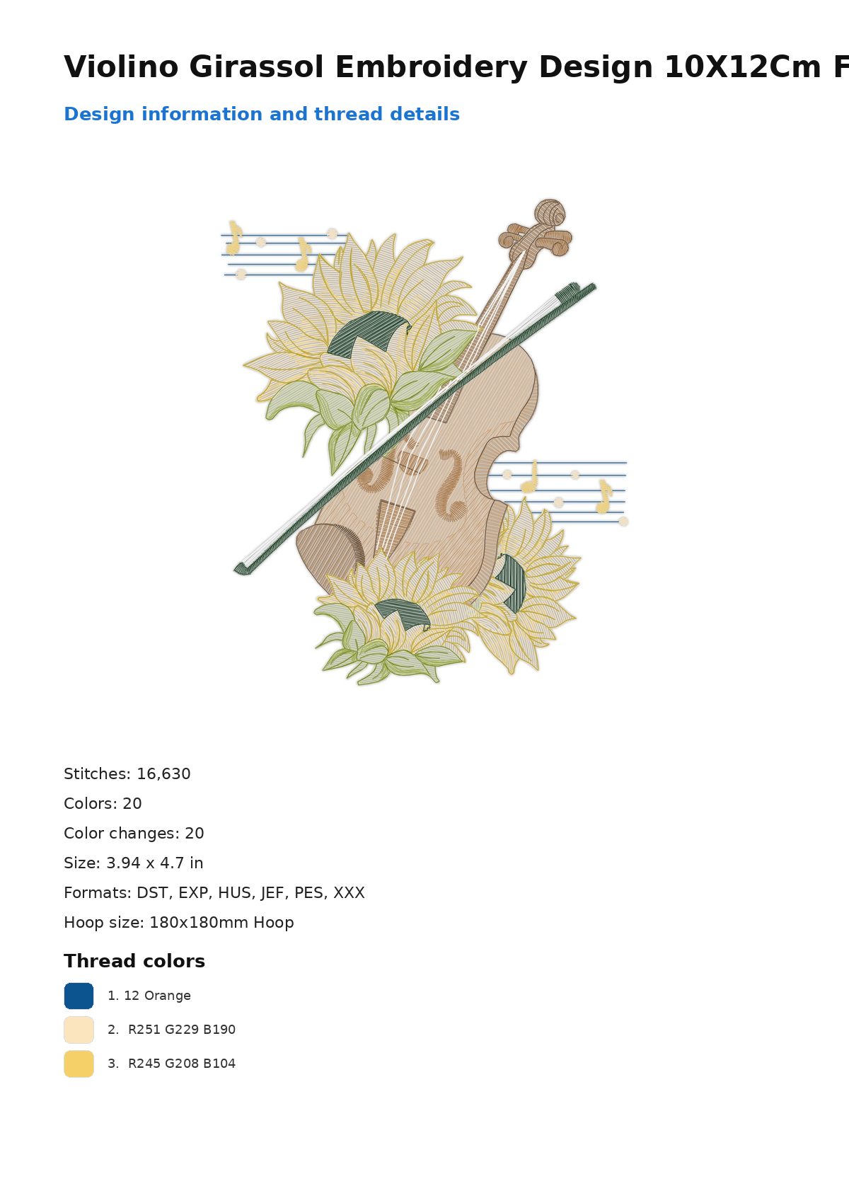 Violino Girassol Embroidery Design 10X12Cm Free free machine embroidery design — 3.94×4.7 in — 16,630 stitches — 20 colors — DST, EXP, HUS, JEF, PES