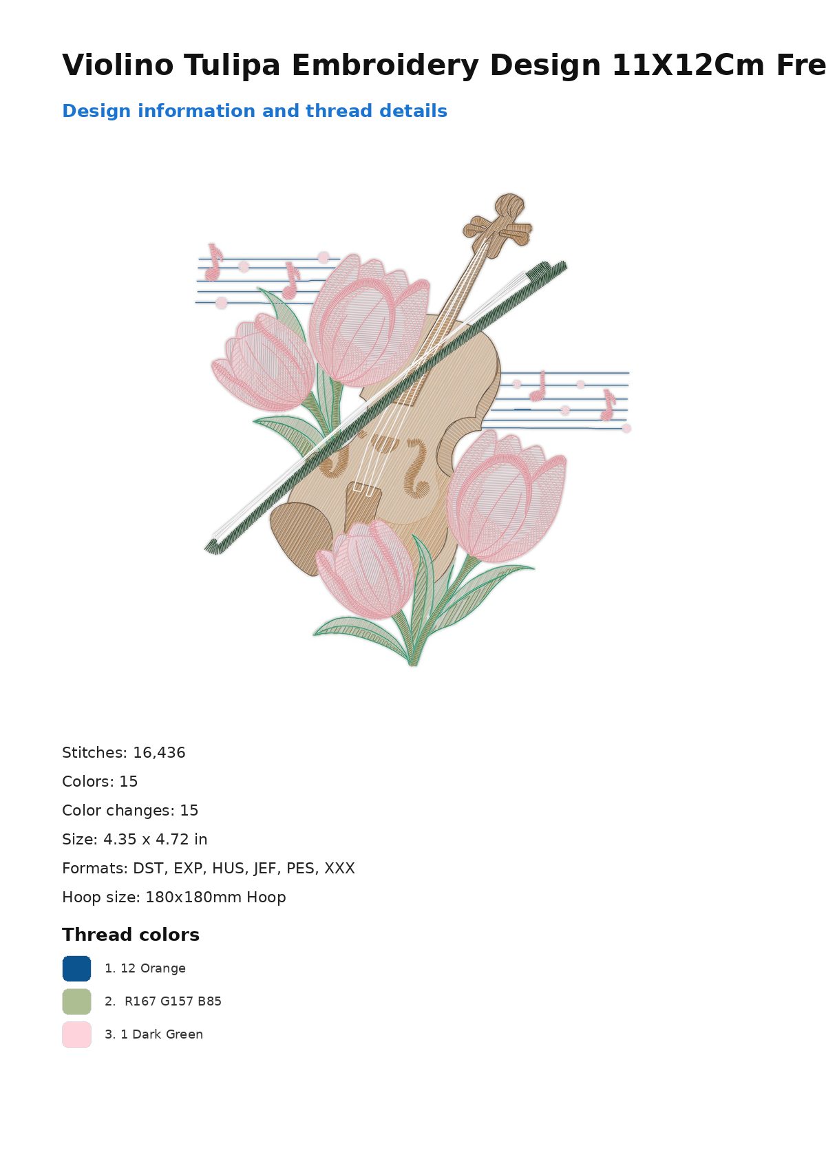 Violino Tulipa Embroidery Design 11X12Cm Free free machine embroidery design — 4.35×4.72 in — 16,436 stitches — 15 colors — DST, EXP, HUS, JEF, PES