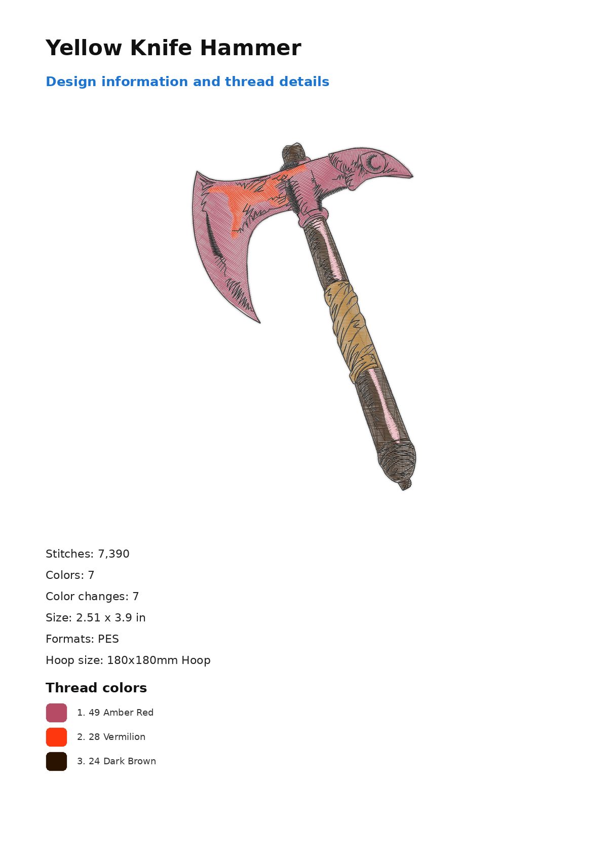 Yellow Knife Hammer free machine embroidery design — 2.51×3.9 in — 7,390 stitches — 7 colors — DST, EXP, JEF, PEC, PES