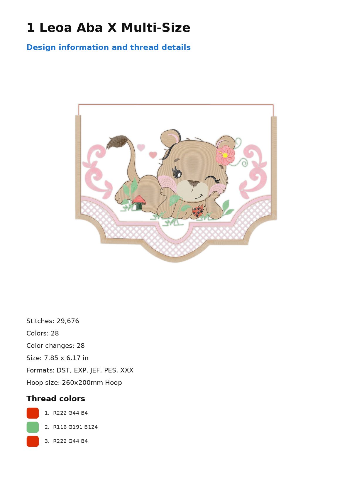 1 Leoa Aba X Multi-Size free machine embroidery design — 7.85×6.17 in — 29,676 stitches — 28 colors — DST, EXP, JEF, PES, XXX