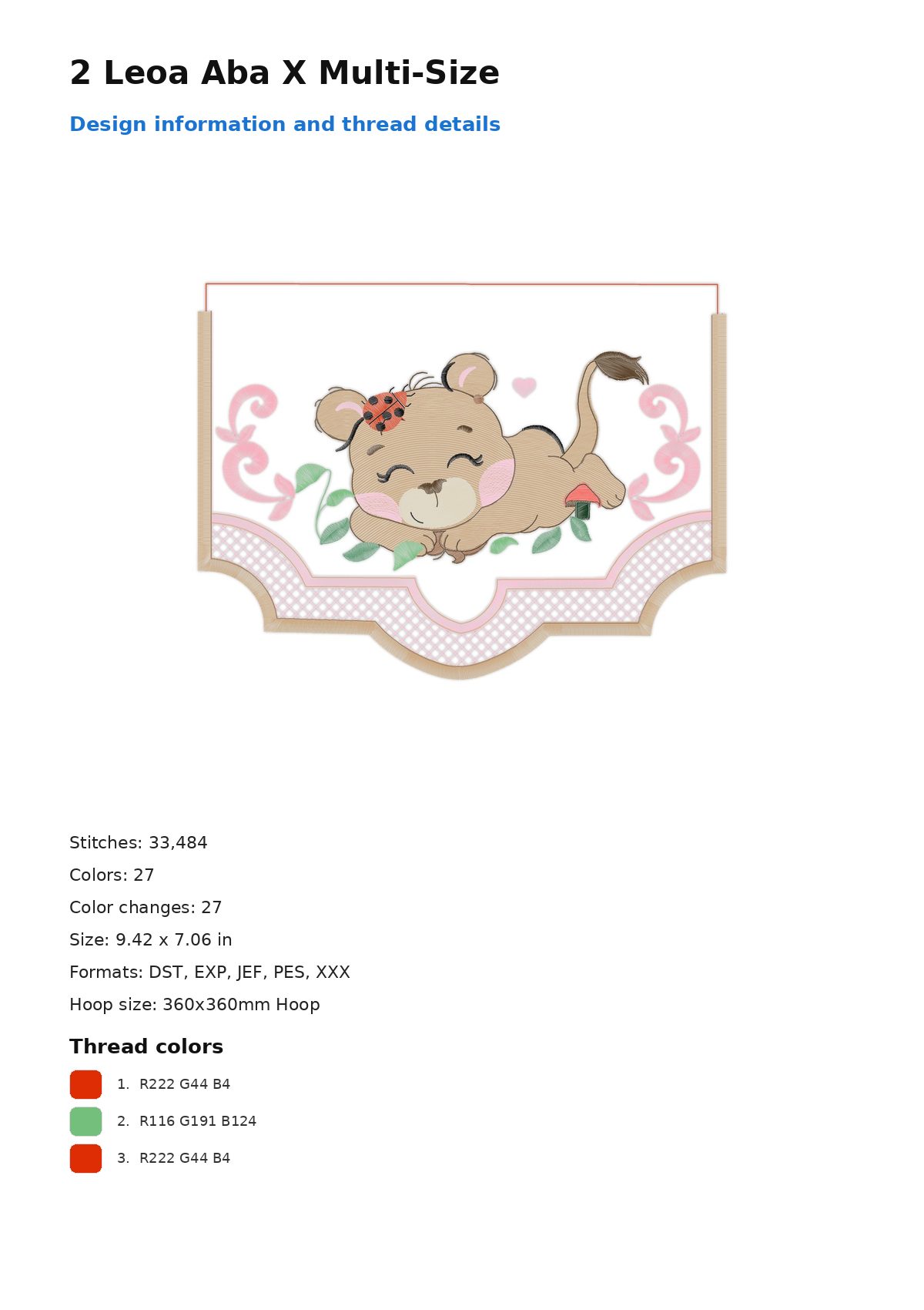 2 Leoa Aba X Multi-Size free machine embroidery design — 9.42×7.06 in — 33,484 stitches — 27 colors — DST, EXP, JEF, PES, XXX