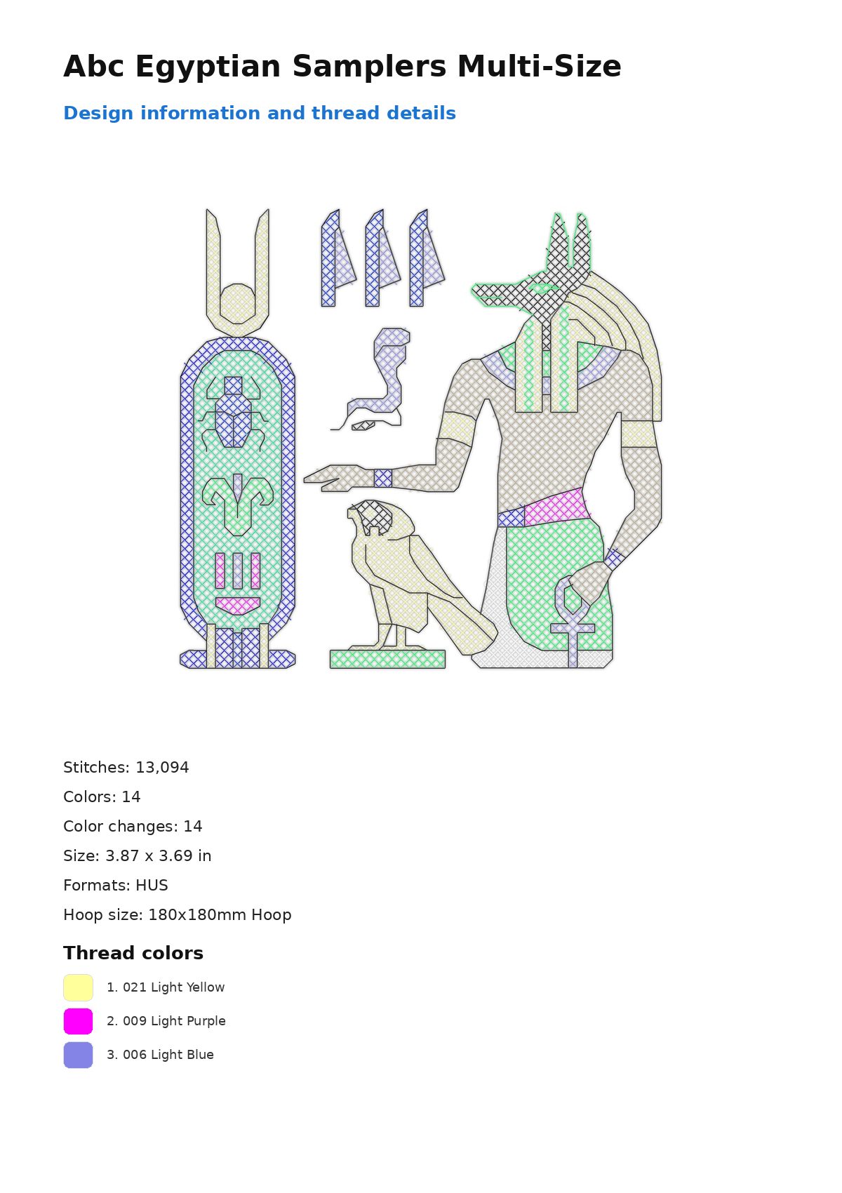 Abc Egyptian Samplers Multi-Size free machine embroidery design — 3.87×3.69 in — 13,094 stitches — 14 colors — HUS
