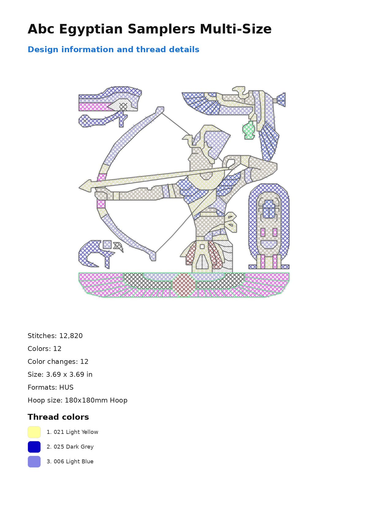 Abc Egyptian Samplers Multi-Size free machine embroidery design — 3.69×3.69 in — 12,820 stitches — 12 colors — HUS