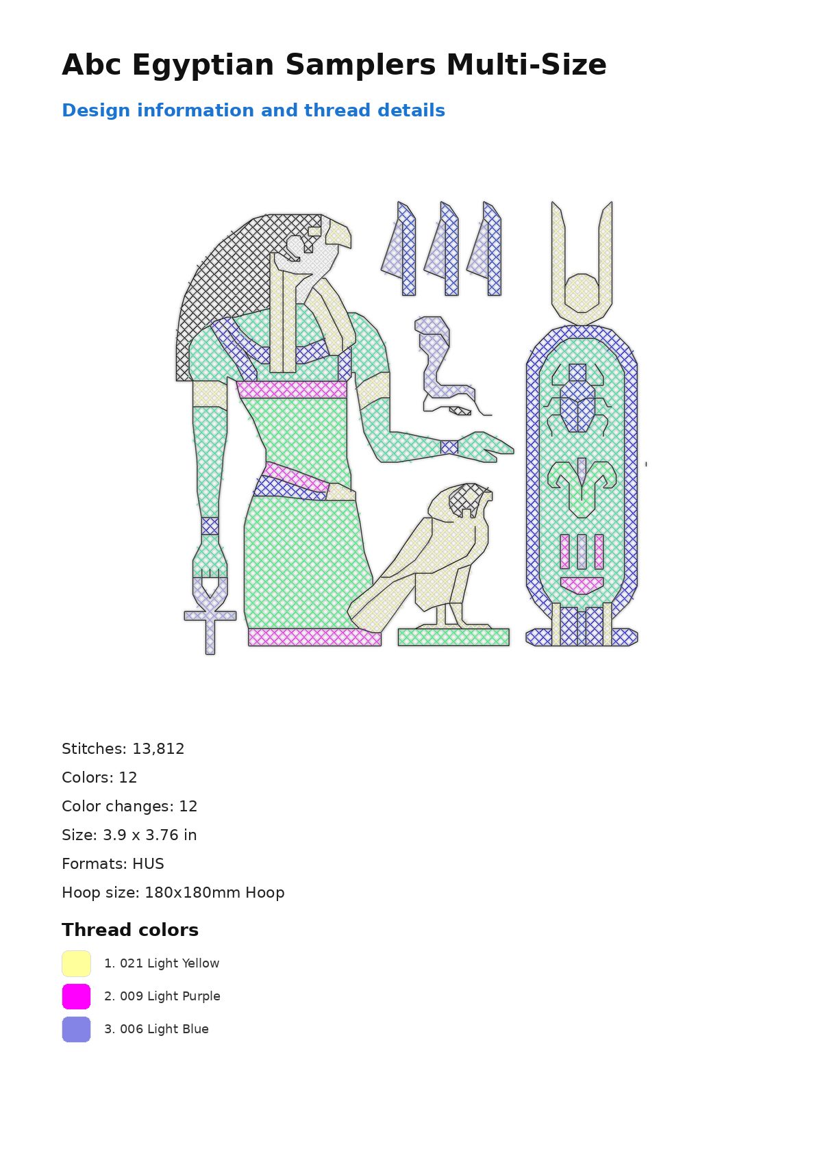 Abc Egyptian Samplers Multi-Size free machine embroidery design — 3.9×3.76 in — 13,812 stitches — 12 colors — HUS