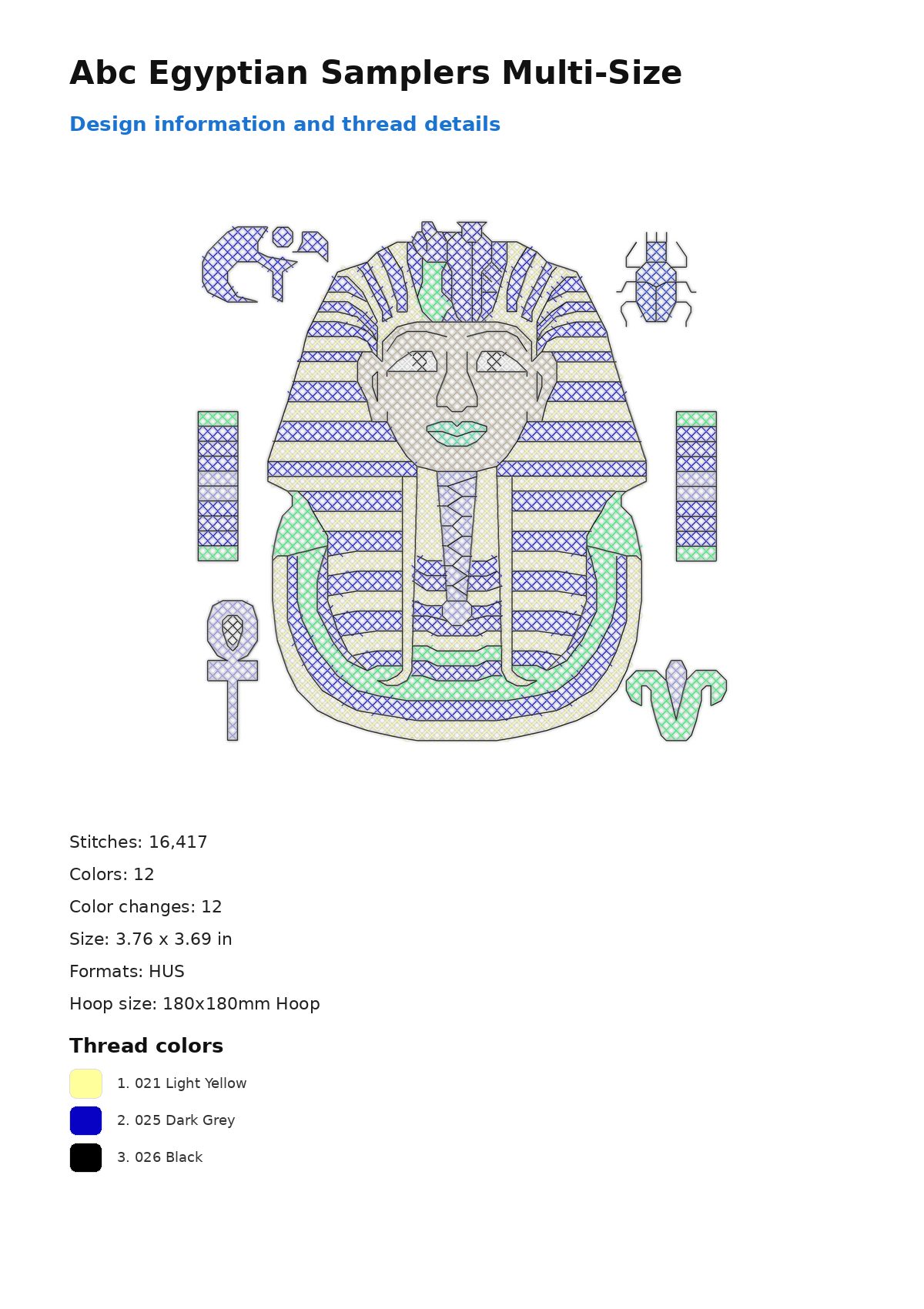 Abc Egyptian Samplers Multi-Size free machine embroidery design — 3.76×3.69 in — 16,417 stitches — 12 colors — HUS